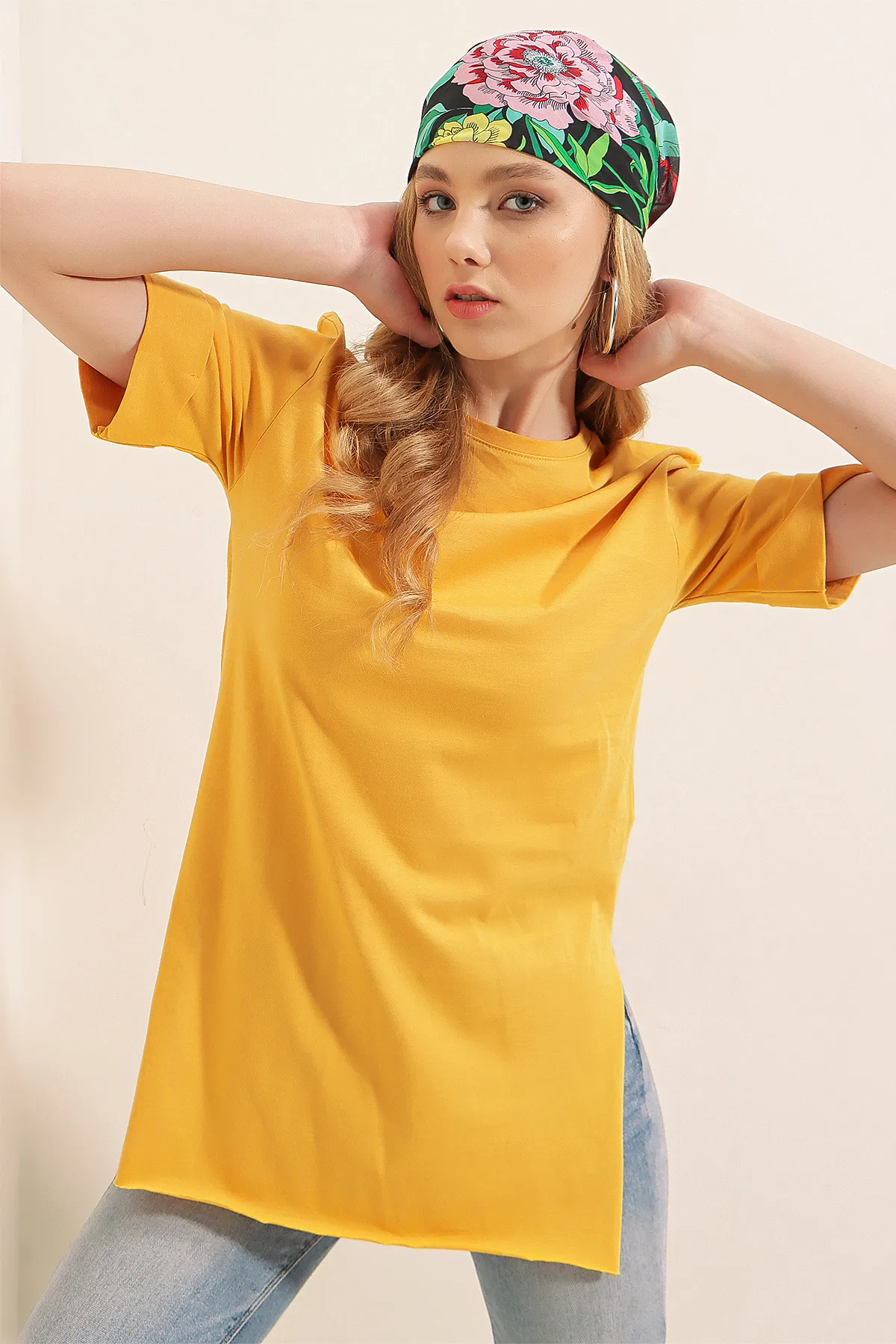 Bigdart  4123 Übergroßes T-Shirt mit Schlitz – Senf