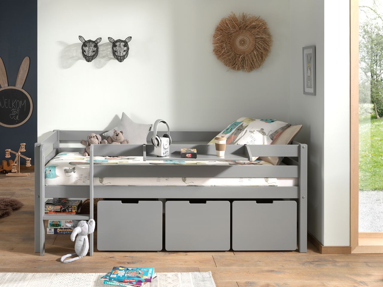 VIPACK Spielbett mit Liegefläche 90 x 200 cm, inkl. Leiter, Regal, Rolllattenrost und 3 Schubkästen, Kiefer und MDF grau lackiert