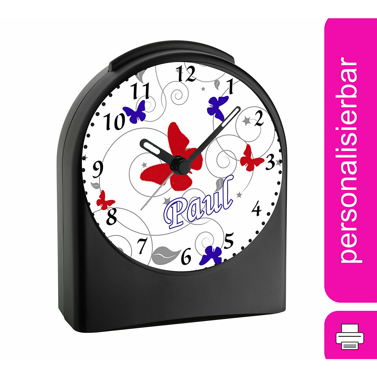 Kinder Funkwecker personalisiert mit Namen Schmetterling Ornamente Atom-/Funkuhr, 12-Stunden-Anzeigeformat, Schlummerfunktion, Nachtlicht, Geräuschlos/Ohne Ticken