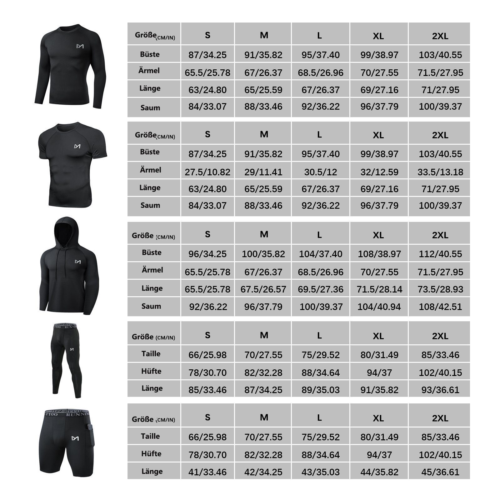 MEETYOO Trainingsanzug Herren Funktionsshirt Trainingsanzug (Kapuzenpulli Langarmshirt T-Shirt Laufhose, 5er-Pack, Trainingsshirt Laufanzug), Kompressionsshirt Shorts Laufhose,Fitness,Sport