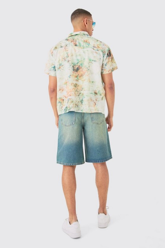 Kastiges Leinen-Hemd mit Wasserfarben-Print