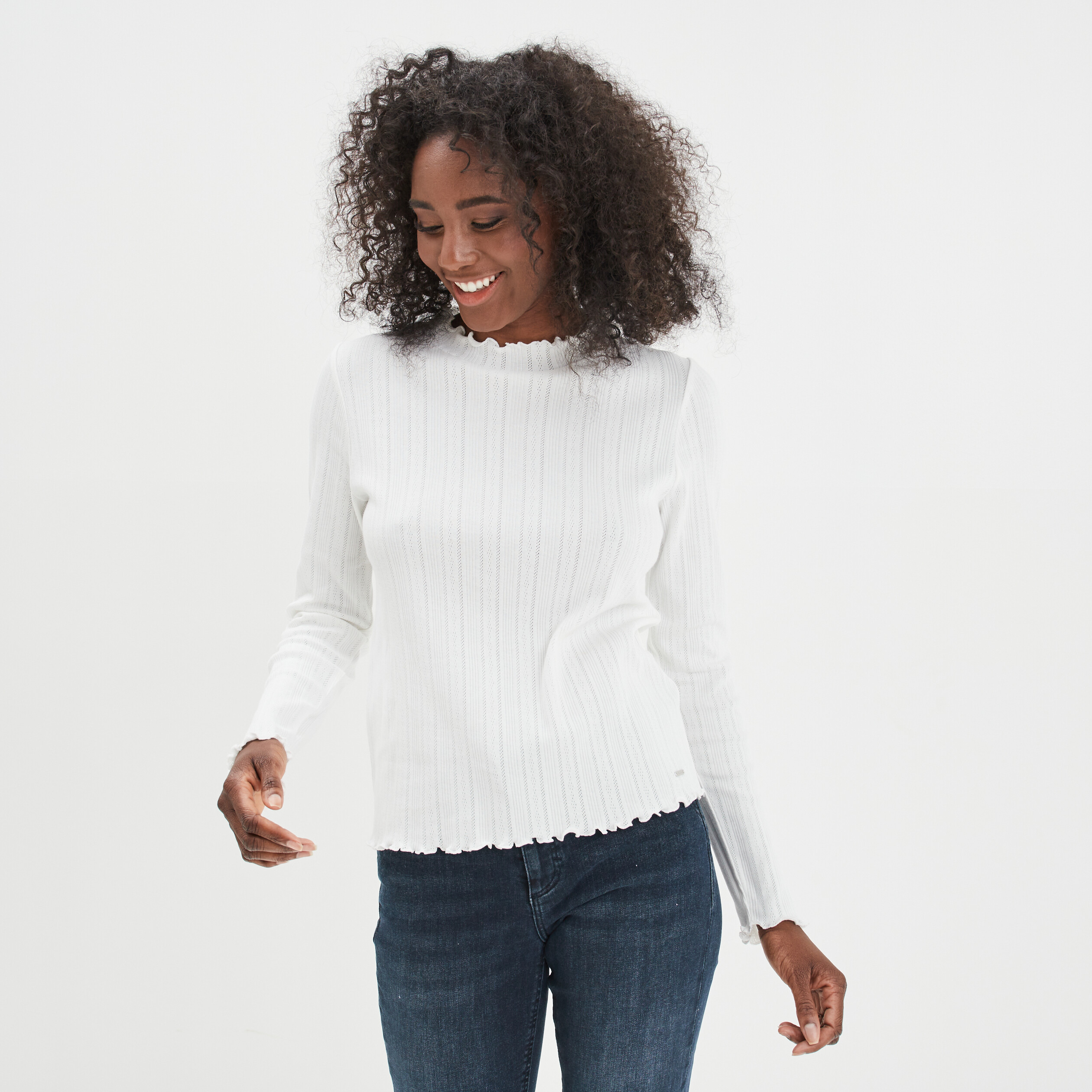 T-shirt côtelé col montant coton Creeks blanc femme | La Halle