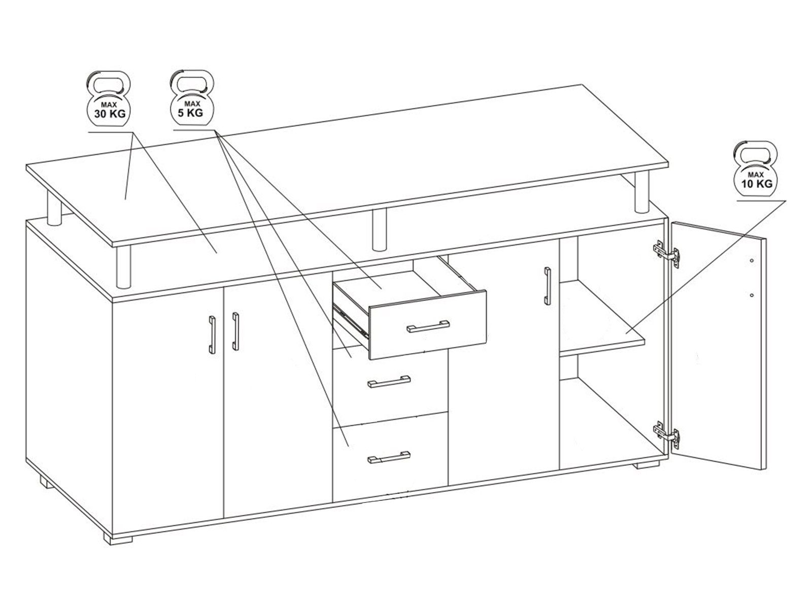 möbelando Highboard Lyndy, Modernes Highboard aus Spanplatte in Sonoma-Eiche Nachbildung / Weiß mit 4 Holztüren, 3 Schubkästen, 2 Einlegeböden und 2 offenen Fächern. Breite 178 cm, Höhe 90 cm, Tiefe 38 cm