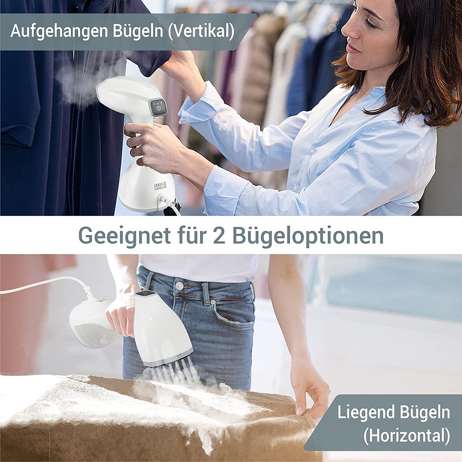 Lebenlang Dampfbügeleisen Steamer Dampfglätter LCD Hand Dampfbürste Reisebügeleisen für Hemden, 1500,00 W, 1500W, <30 Sekunden Aufheizen, Bügelhandschuh, 300ml Tank