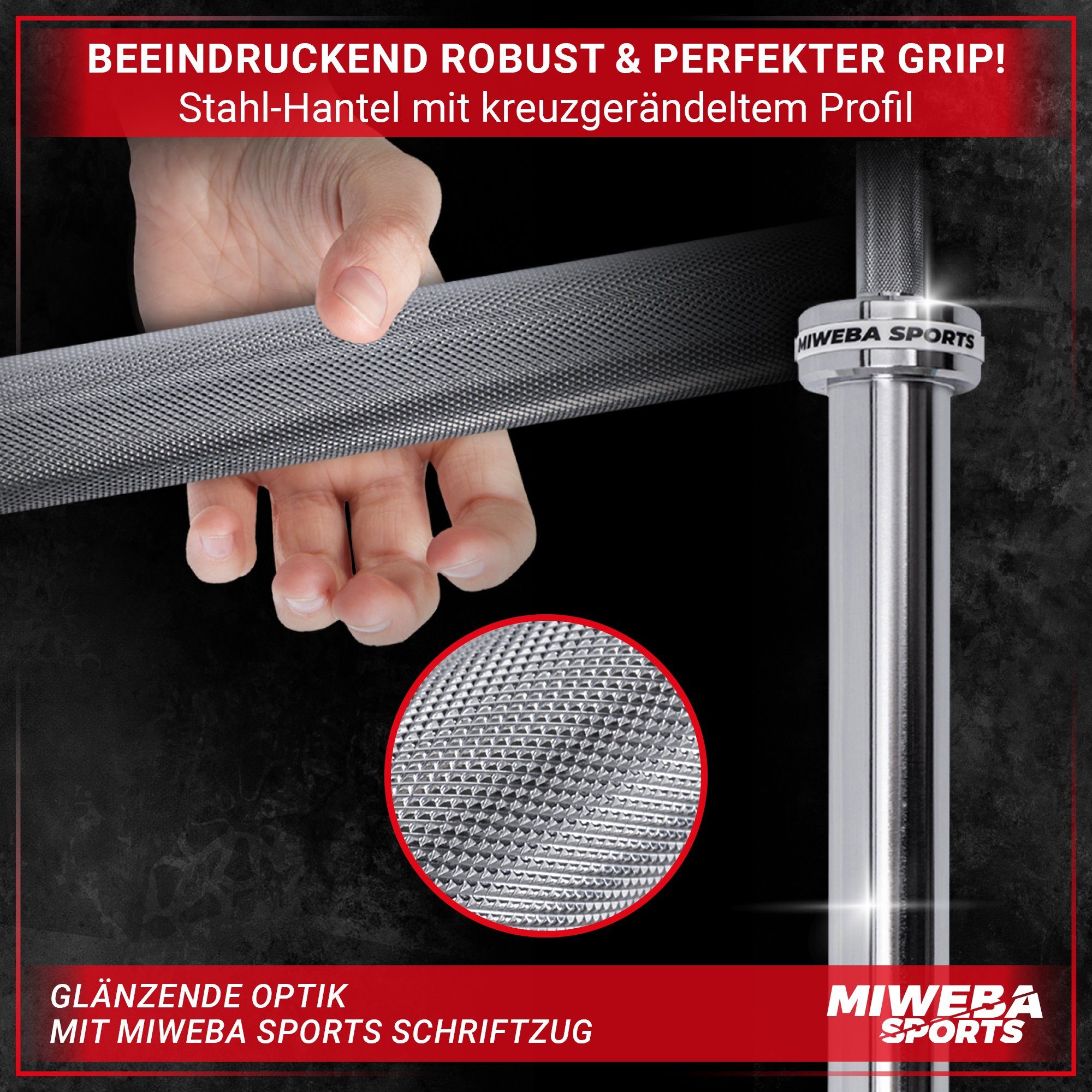Miweba Sports Langhantelstange Profi Langhantel Stange Olympia LH601 inkl. Federverschlüsse, Stahl, 220,00 cm (Workout, Training, Ganzkörpertraining, Muskelaufbau, Krafttraining, Hanteltraining, 3-tlg., Ø 50mm, 220.0 x 7.5 x 7.5 cm, 320 kg max. Belas
