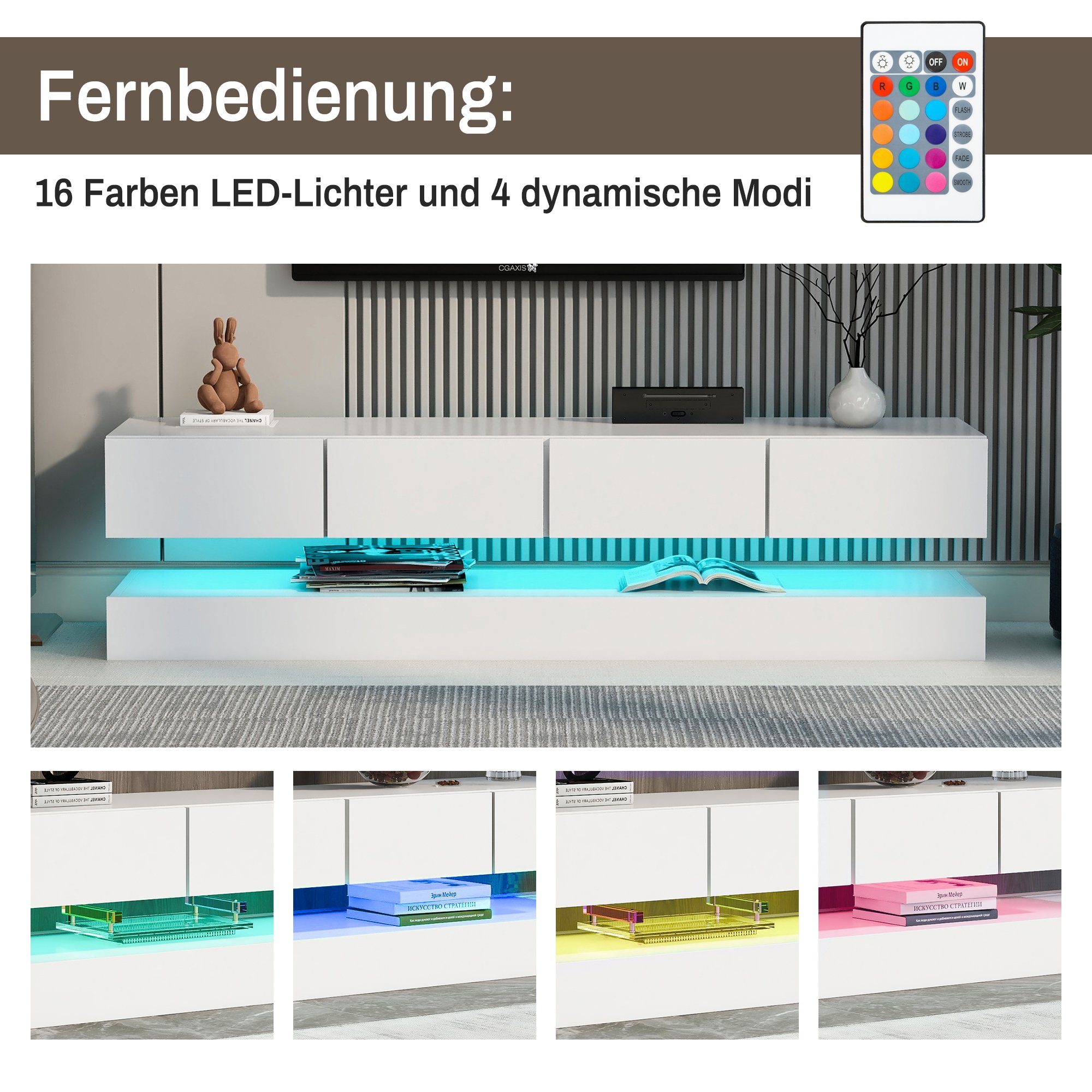 OKWISH TV-Schrank TV-Ständer,LED TV Lowboard, (Weiß 130*33*15cm Stauraum mit großer Kapazität, Für bis zu 55 Zoll Fernseher Haltbarer und stabiler TV-Tisch) TV-Möbel mit 2 Schränken und 4 großen Schubladen