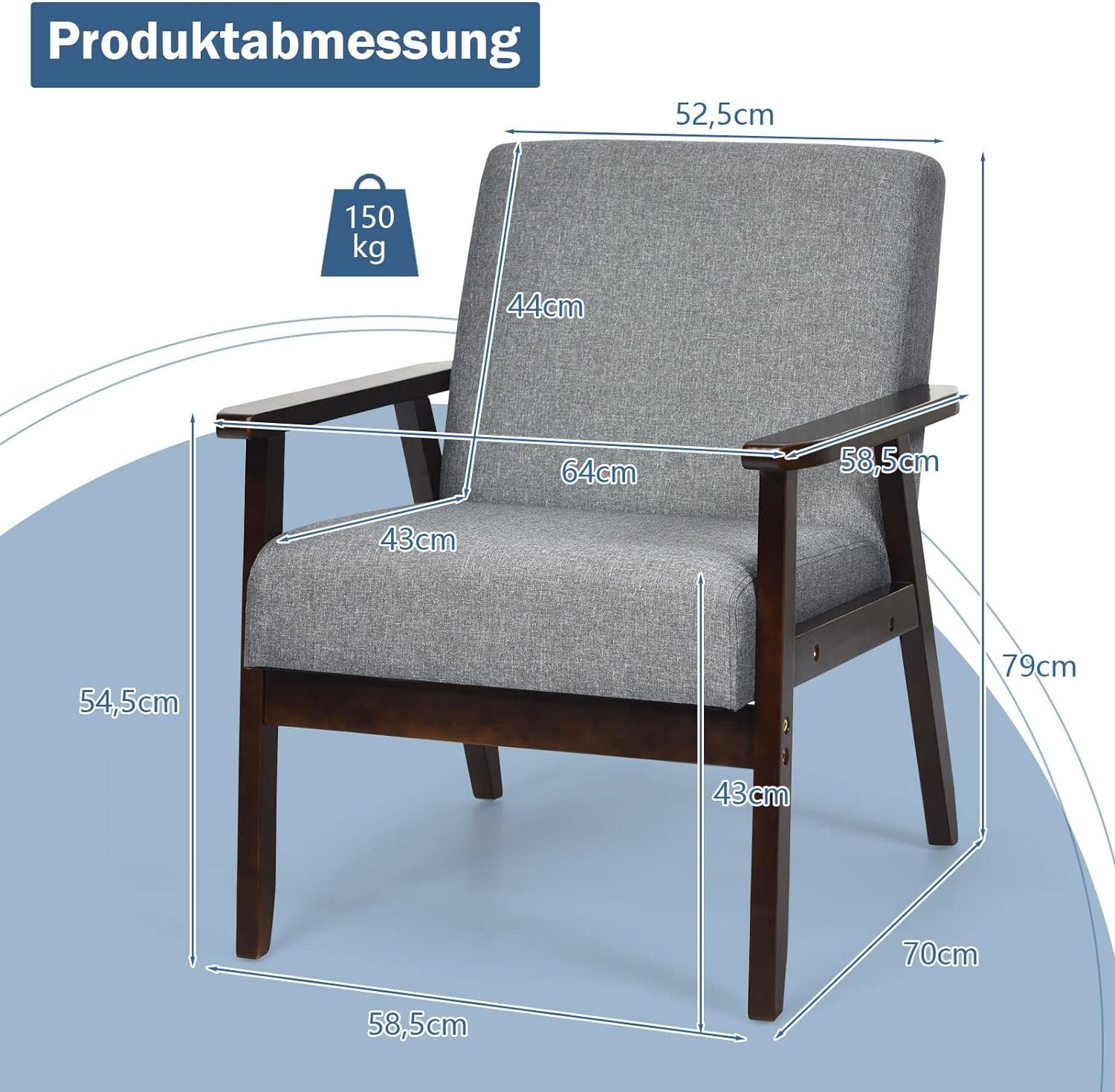 KOMFOTTEU Polsterstuhl Loungesessel, aus Gummiholz,(Grau)