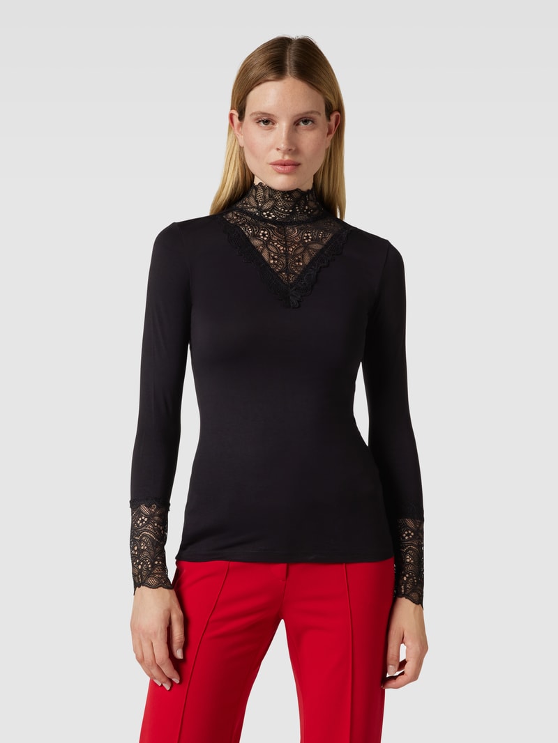 Longsleeve mit Spitzenbesatz Modell 'Marica' in schwarz