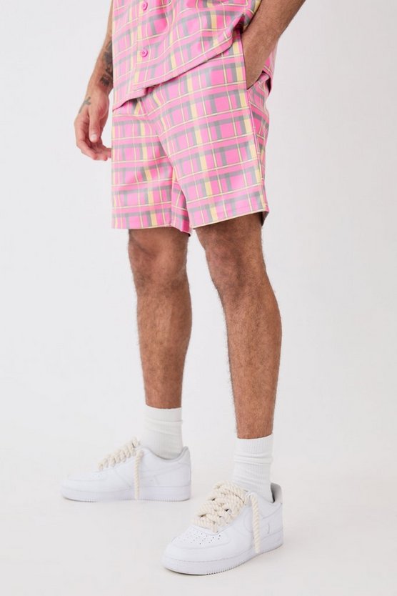 Lockere karierte PU-Shorts mit elastischem Bund