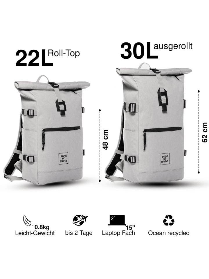 SONS OF ALOHA Rucksack XL RollTop Rucksack KANE erweiterbar| Laptop-Fach groß in weiß günstig kaufen onesize