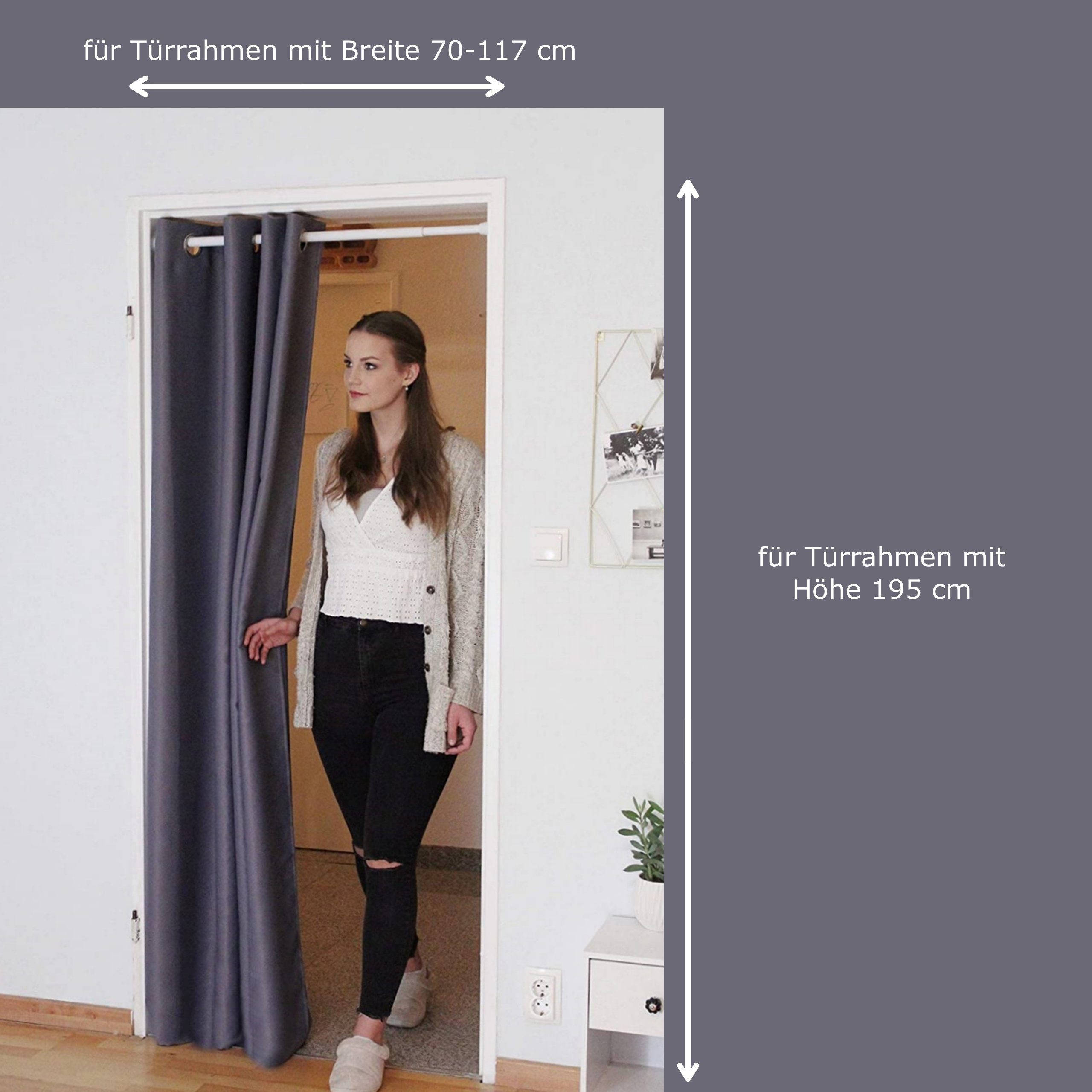 Türvorhang mit Stange weiß 70-120 cm Thermo Vorhang ohne Bohren, blickdicht, tinycurtains, Ösen, verdunkelnd, Polyester, grau Nebula, Türgardine mit Klemmstange Raumtrenner Vorhang Tür