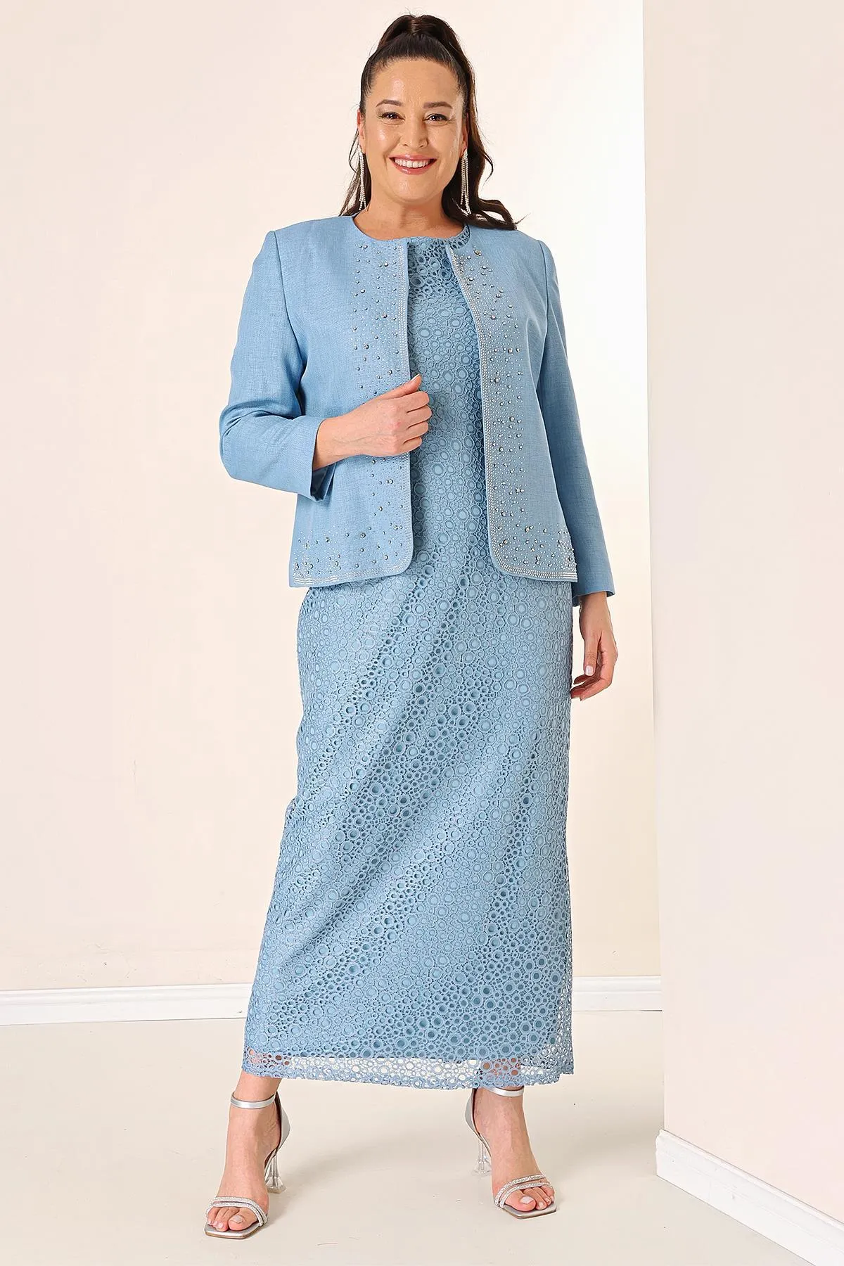 By Saygı  Ärmelloses Gülpür-Kleid, steinfarbene, detaillierte Kreppjacke, gefüttert, große Größe, 2-teiliges Set