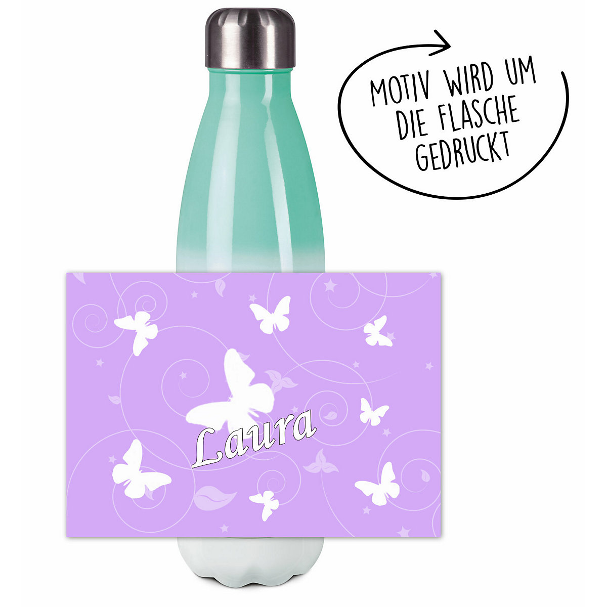 Edelstahl Kinder Thermoflasche / Trinkflasche bunt Schmetterling Ornamente Farbe flieder Spülmaschinenfest, Auslaufsicher, Bruchfest, Doppelwandig, Für Heißgetränke geeignet, Mit Deckel, Isoliert