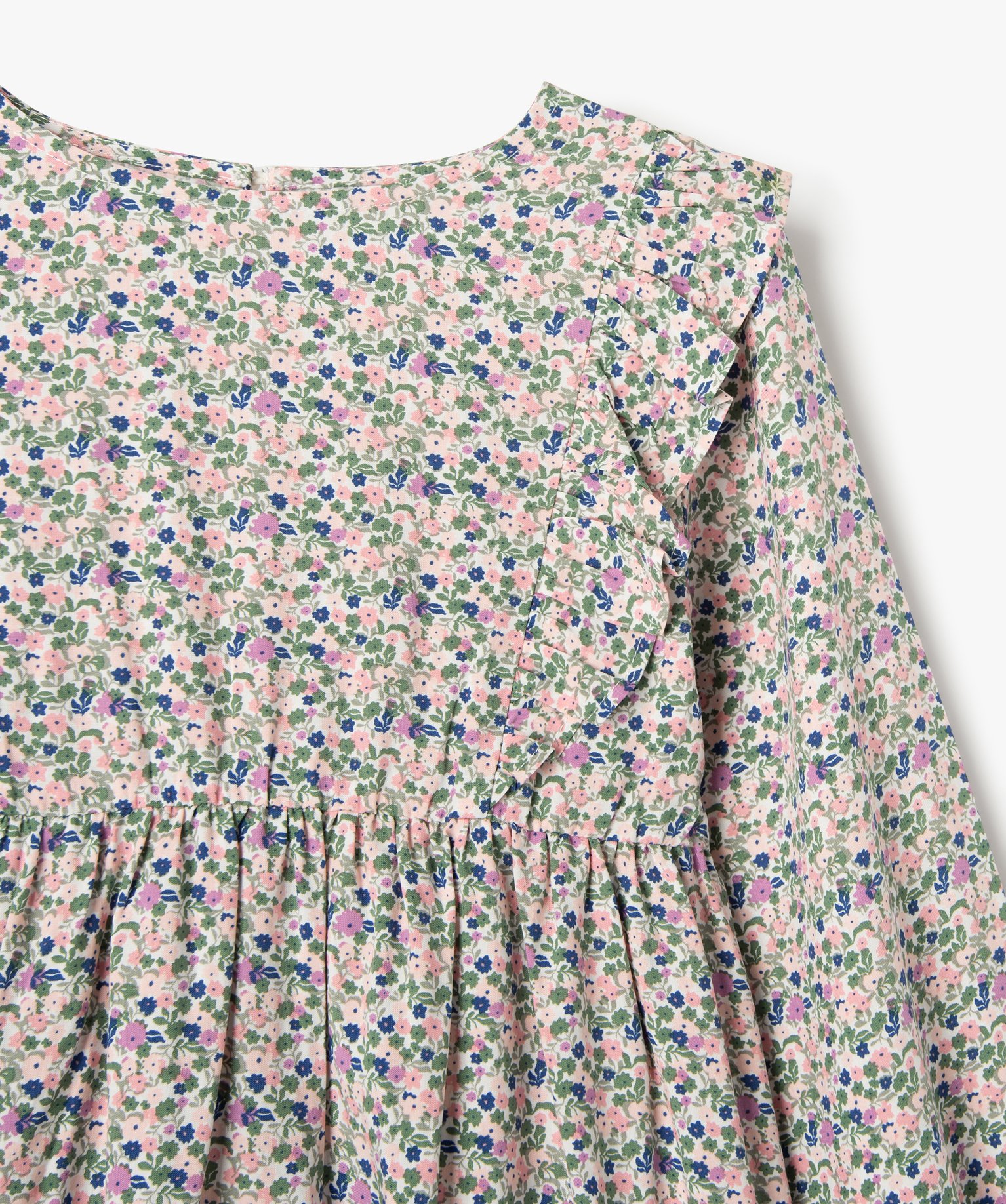 Robe fleurie à manches longues et volants fille kaki | GEMO