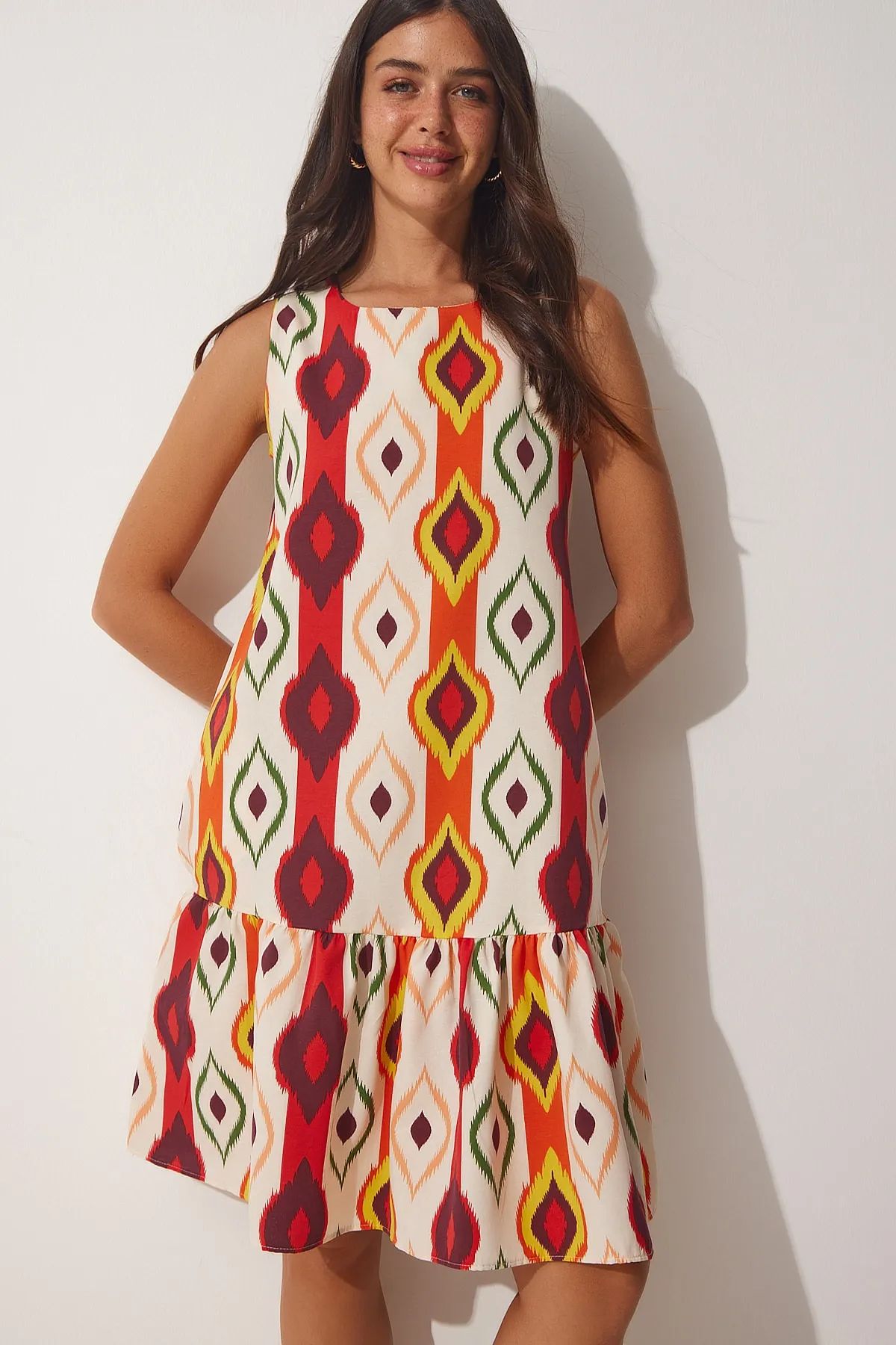 Happiness İstanbul  Damen-Sommerkleid aus Popeline in Creme-Orange mit Muster LU00021