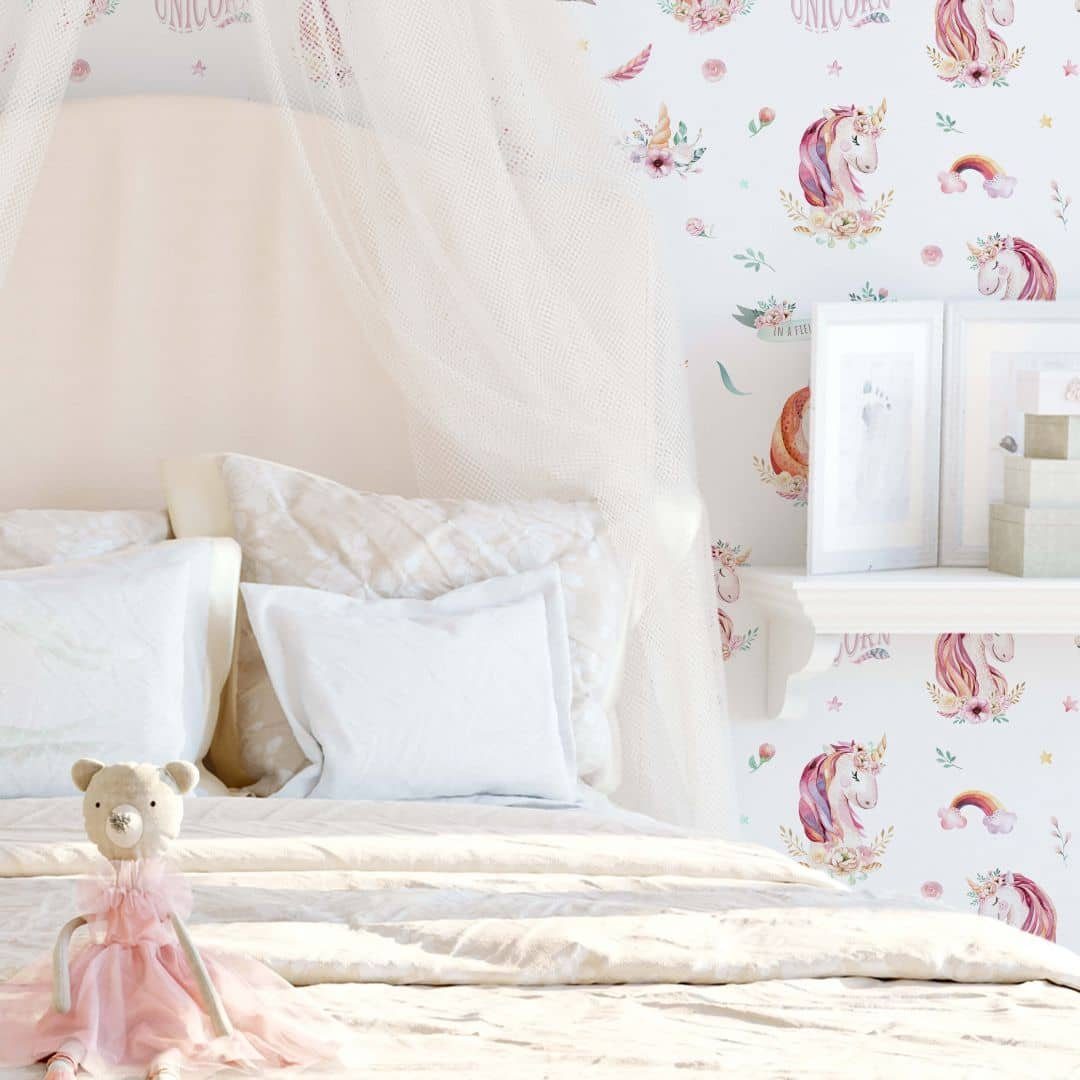 K&L Wall Art Mustertapete Kinderzimmer Vliestapete Baby Einhorn Prinzessin Rosa Mädchenzimmer, Einhornprinzessin Tapete