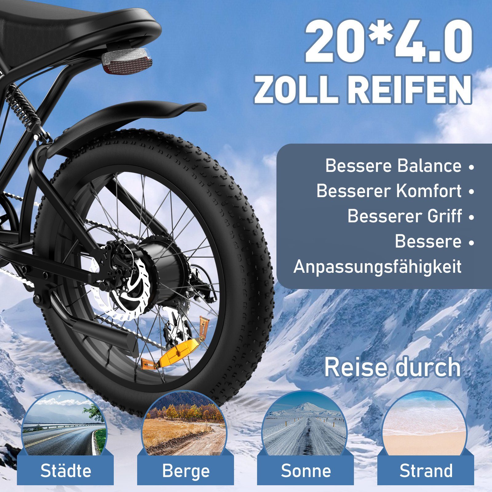 HITWAY E-Bike 20 Zoll 4.0 Fat Luftreifen 48V 15Ah Shimano 7 Gang zum,bis 55-80km, 7 Gang Shimano, Kettenschaltung, Heckmotor
