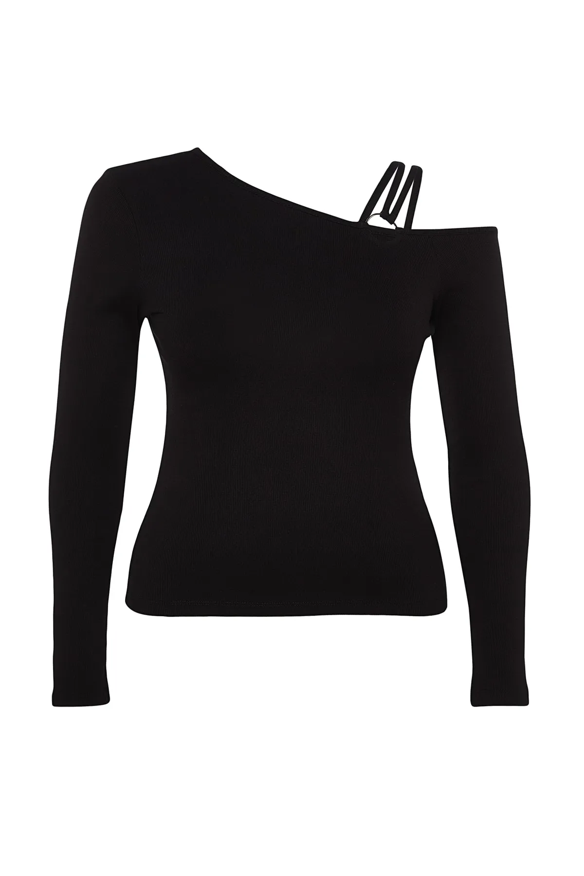 Trendyol Curve  Schwarze gerippte Strickbluse mit asymmetrischem Kragen TBBAW24AF00014