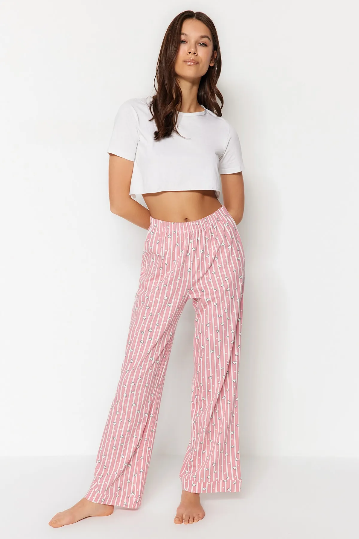 Trendyol Collection  Gestreifte gestrickte Pyjamahose aus rosa Baumwolle THMSS23PJ00002