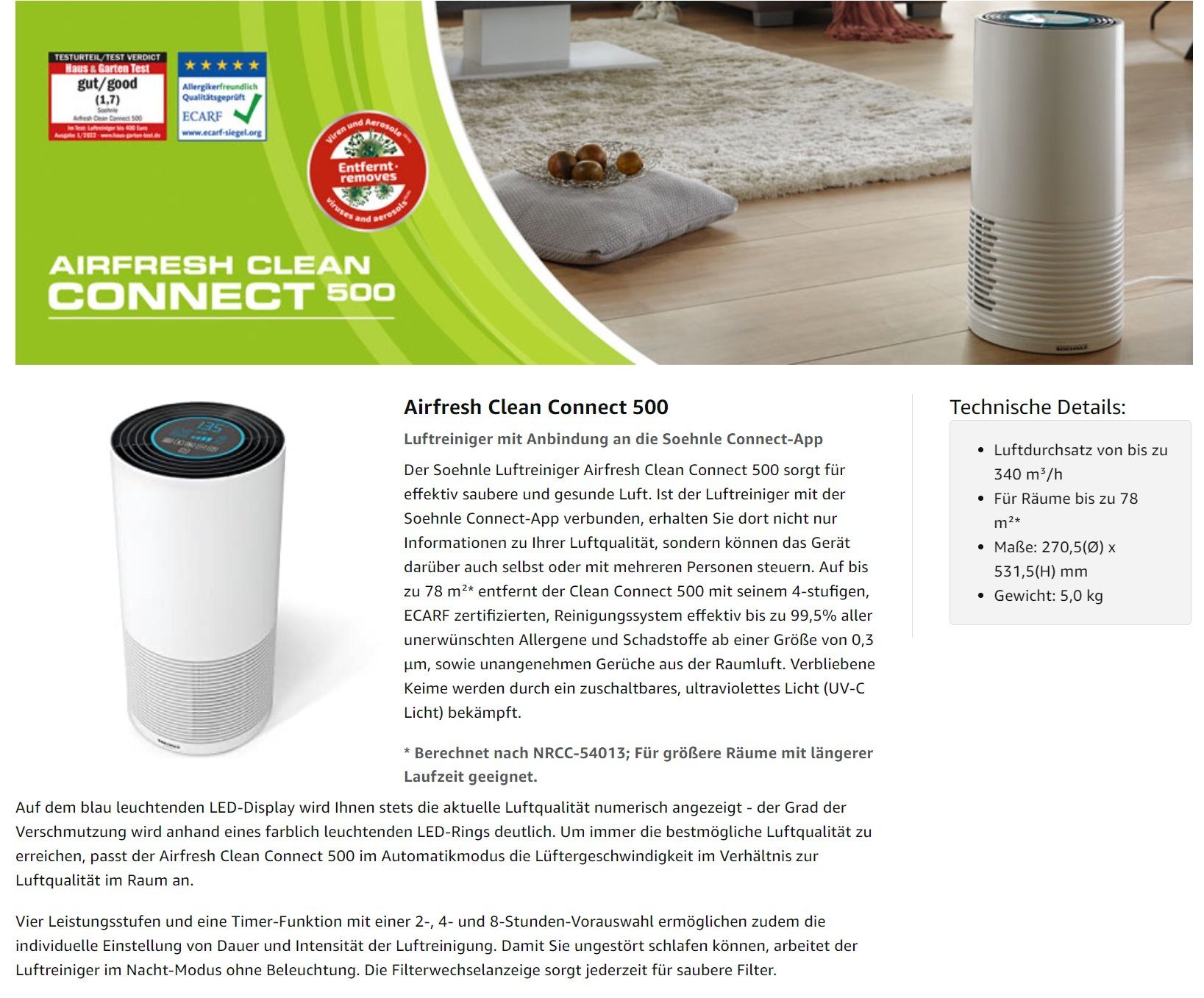 Soehnle Luftreiniger Luftreiniger Airfresh Connect 500 Bluetooth Allergiker CADR 300m³/h, für 78 m² Räume, Air Purifier Raucherzimmer Luftfilter Zuhause Timer per App Philips