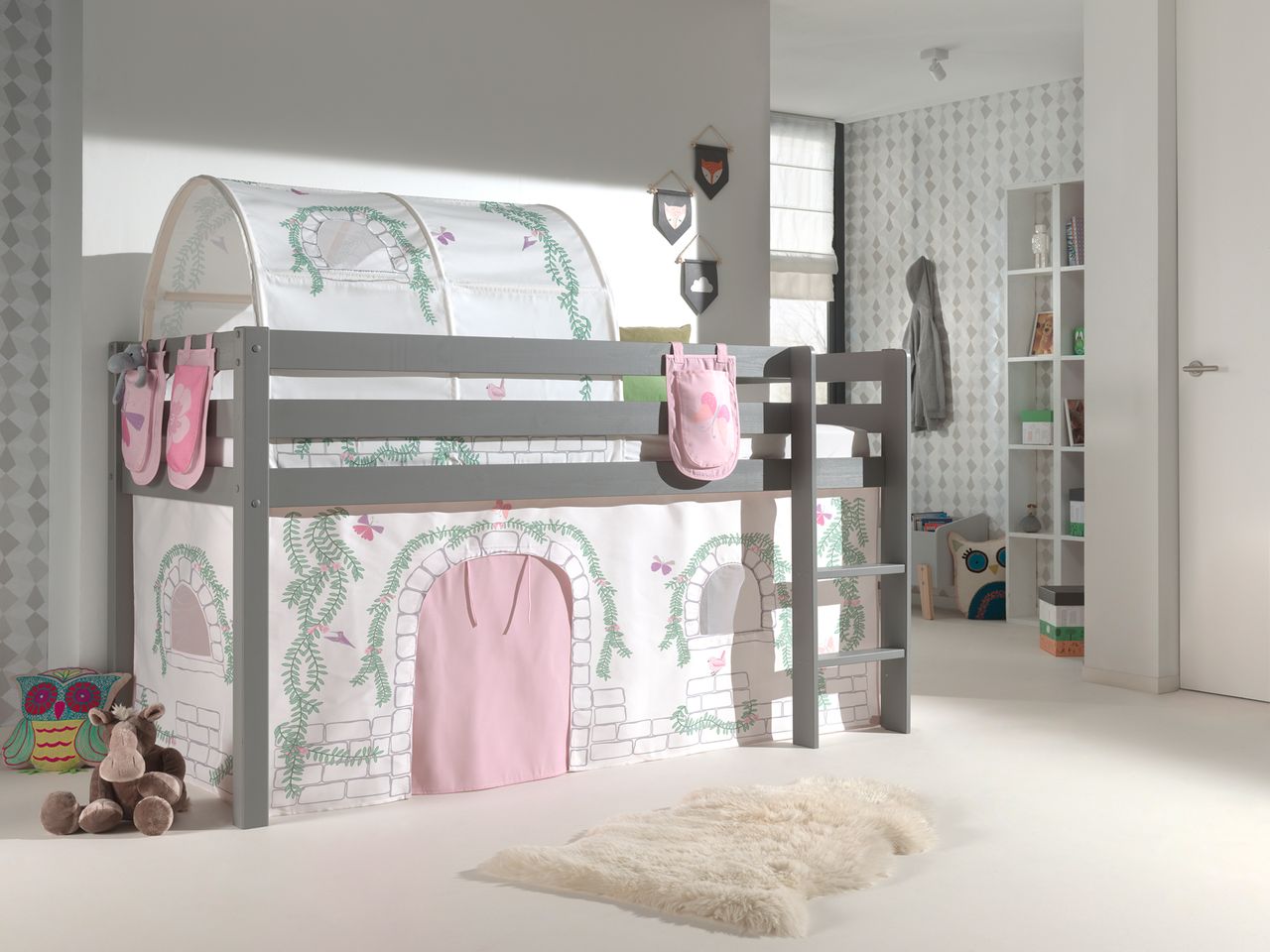 VIPACK Spielbett Pino mit Textilset Vorhang, Tunnel und 3 Taschen 