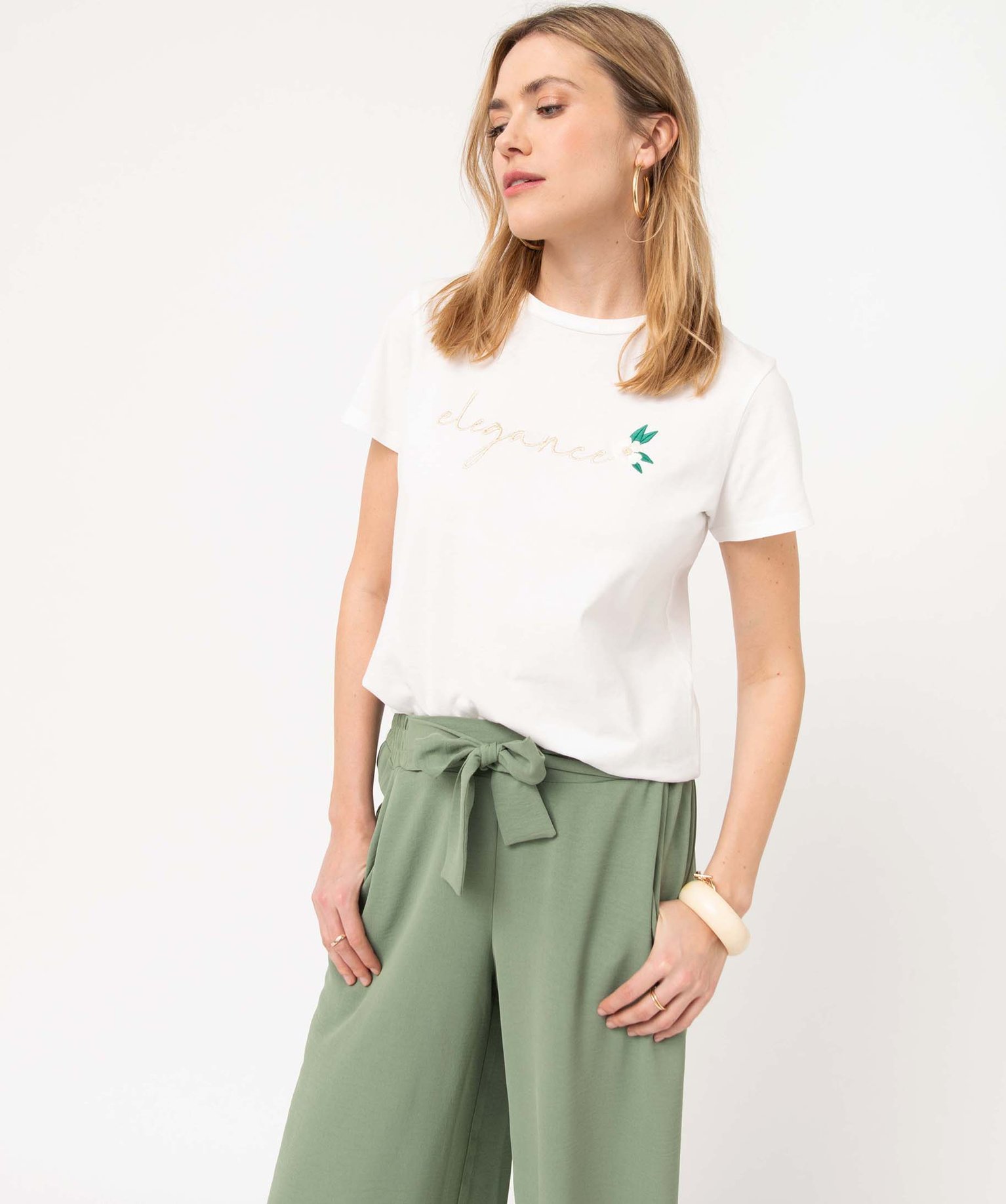 Tee-shirt femme à manches courtes à message brodé ecru | GEMO
