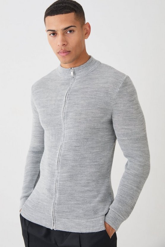 Gerippte Muscle-Fit Strickjacke mit Reißverschluss
