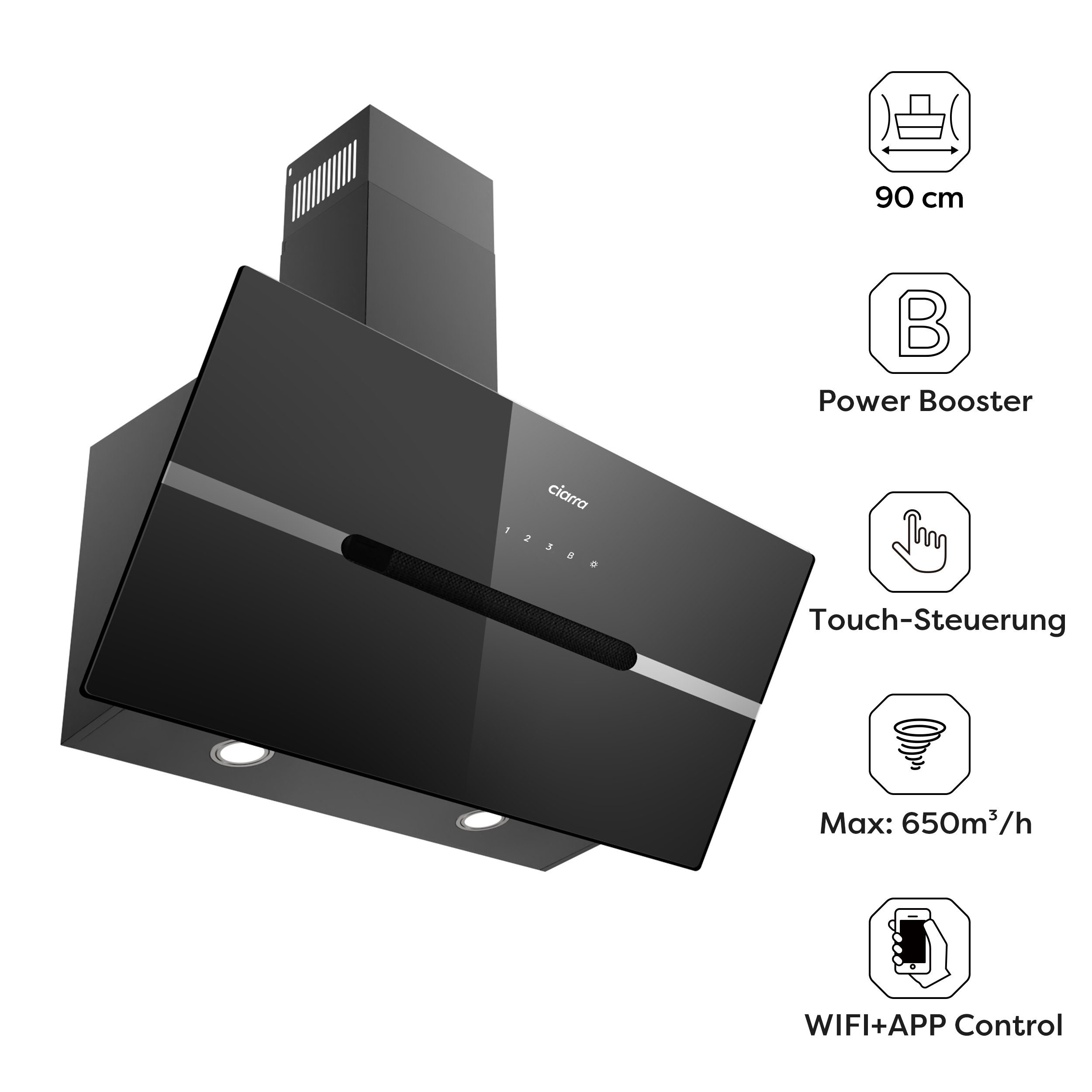 CIARRA Kopffreihaube VM9736FB, A+++ 650m³/h Dunstabzugshaube 90cm Inkl. BOOST WIFI-APP Touch Control