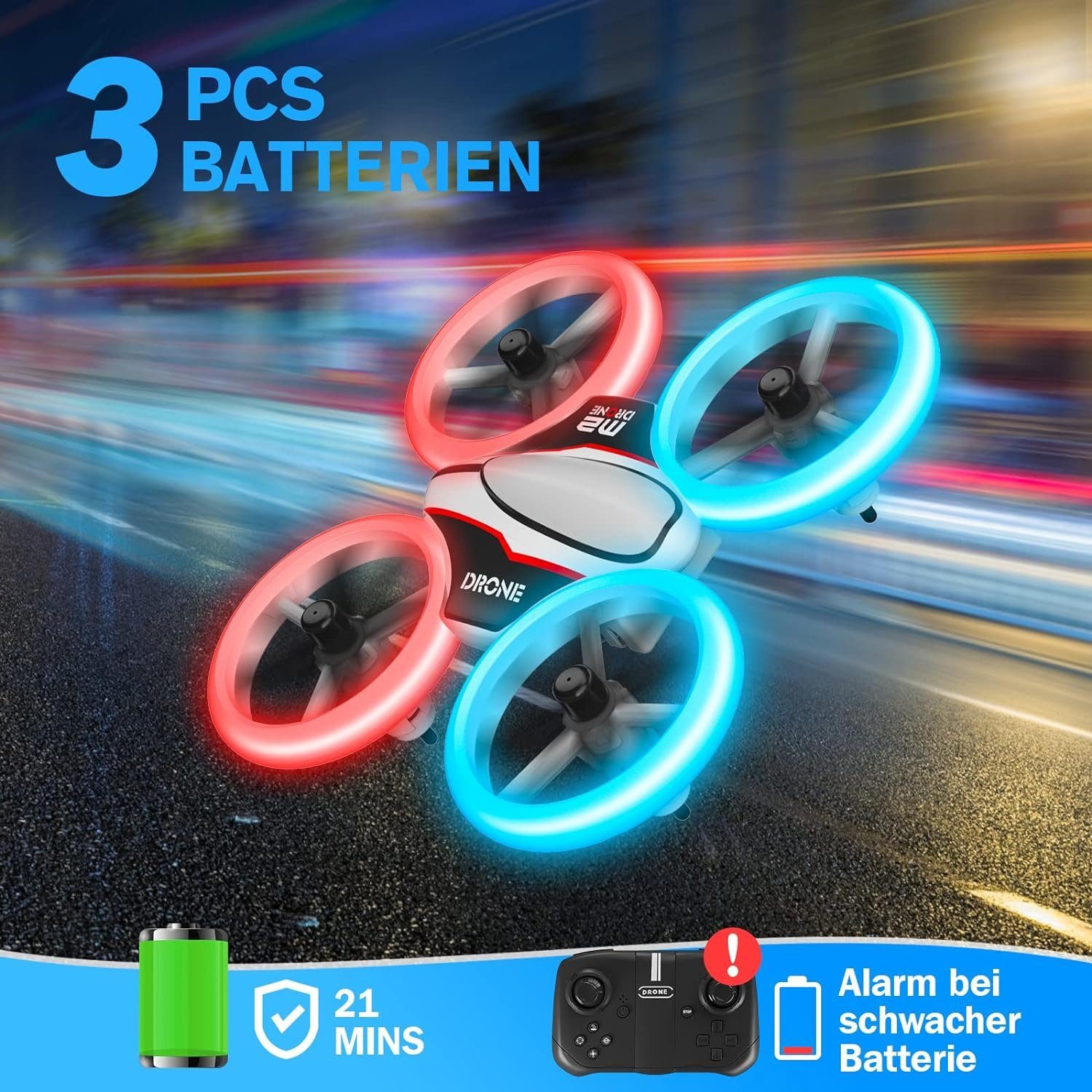 AVIALOGIC Drohne (RC Drone mit LED, 3D Flips, Kopflosmodus, 3 Akkus, 21 Min Flugzeit)