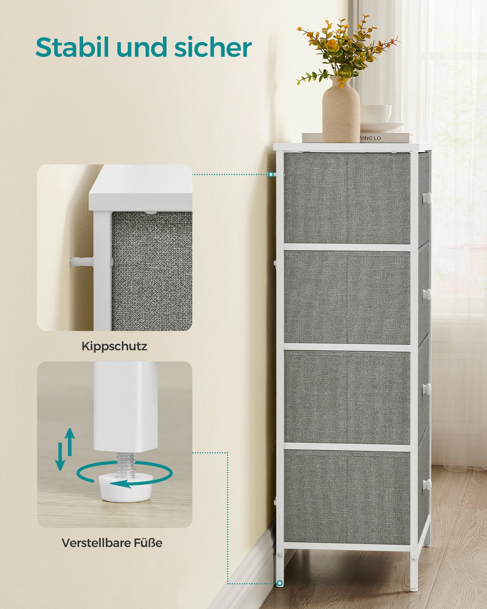 SONGMICS Kommode, Aufbewahrungsschrank mit 4 Stoff-Schubladen