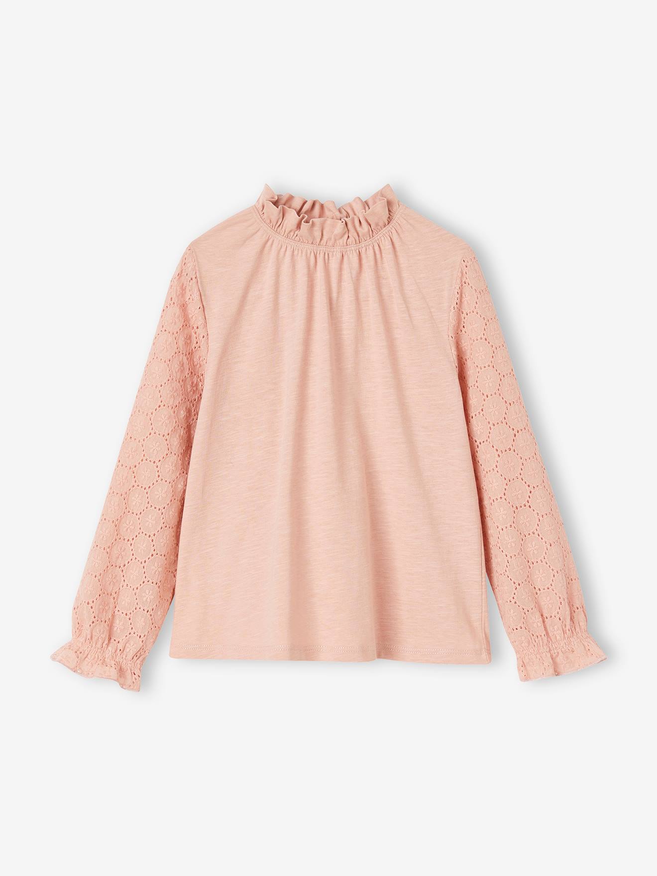 Tee-shirt manches longues en broderie anglaise fille rose pâle