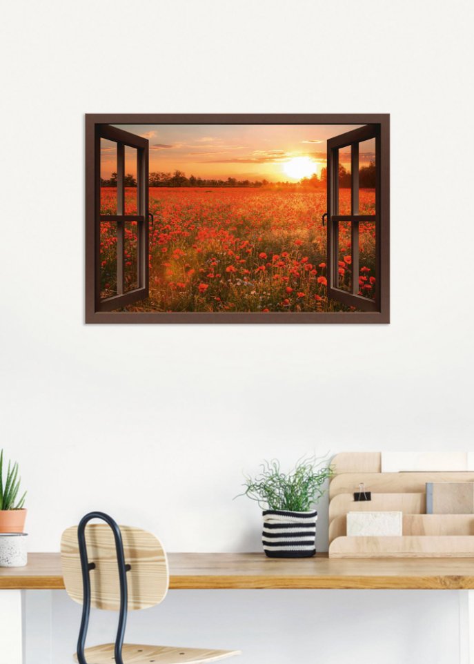 Alubild mit Fensterblick auf Mohnblumenfeld