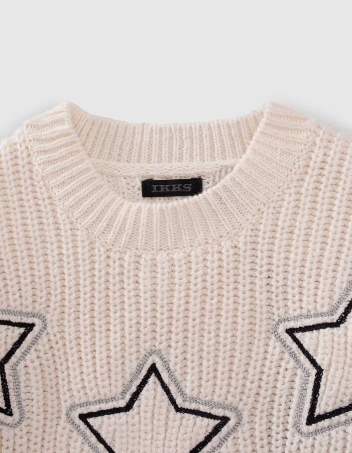 Pull blanc cassé tricot broderies étoiles fille