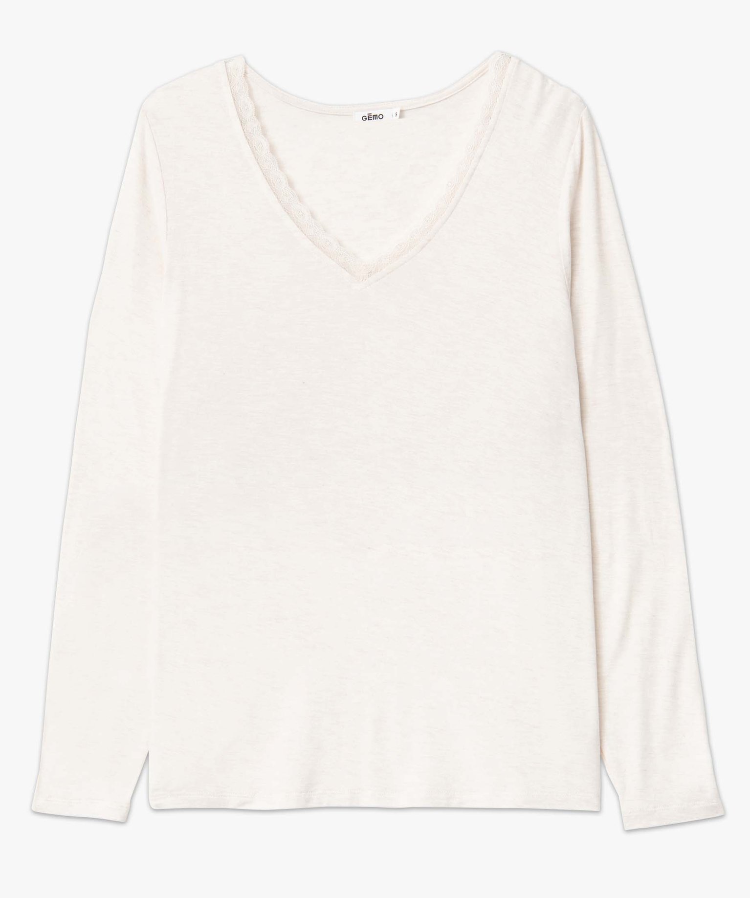 Tee-shirt femme à manches longues et col V en dentelle ecru | GEMO