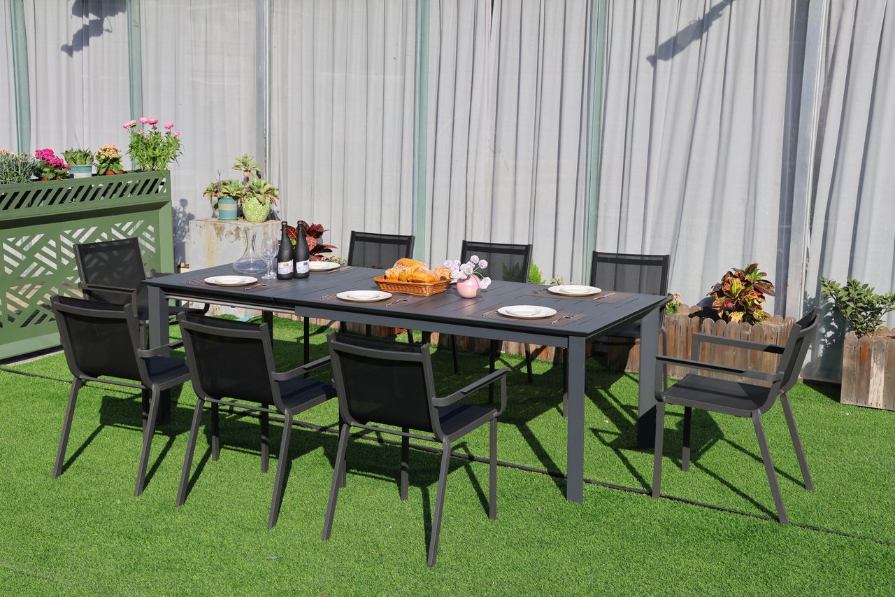 Happy Home ausziehbare Esstisch-Set Diningset 9 tlg. aus Aluminium dunkelgrau