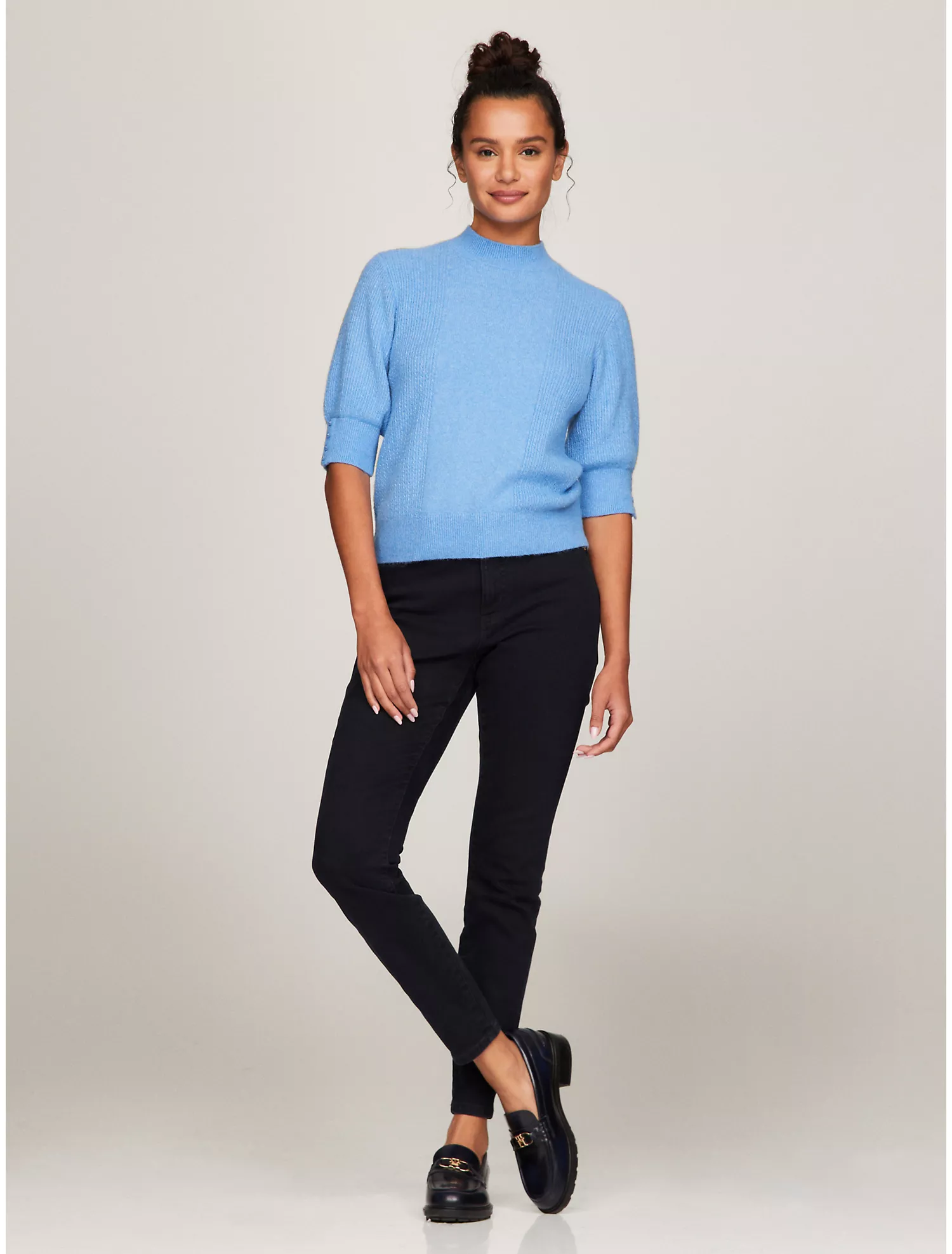 Short-Sleeve Mockneck Mix Knit Sweater