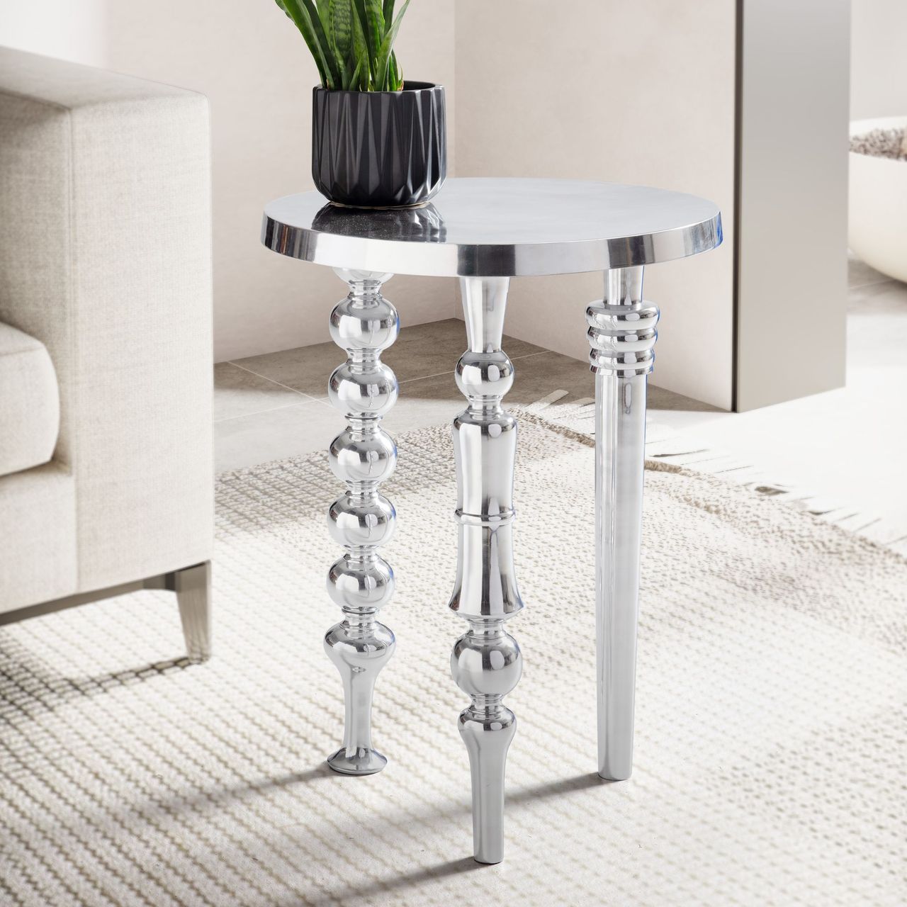 Wohnling Beistelltisch Metall Silber Sofatisch 44x44x63 cm Wohnzimmertisch Rund Abstelltisch Alu