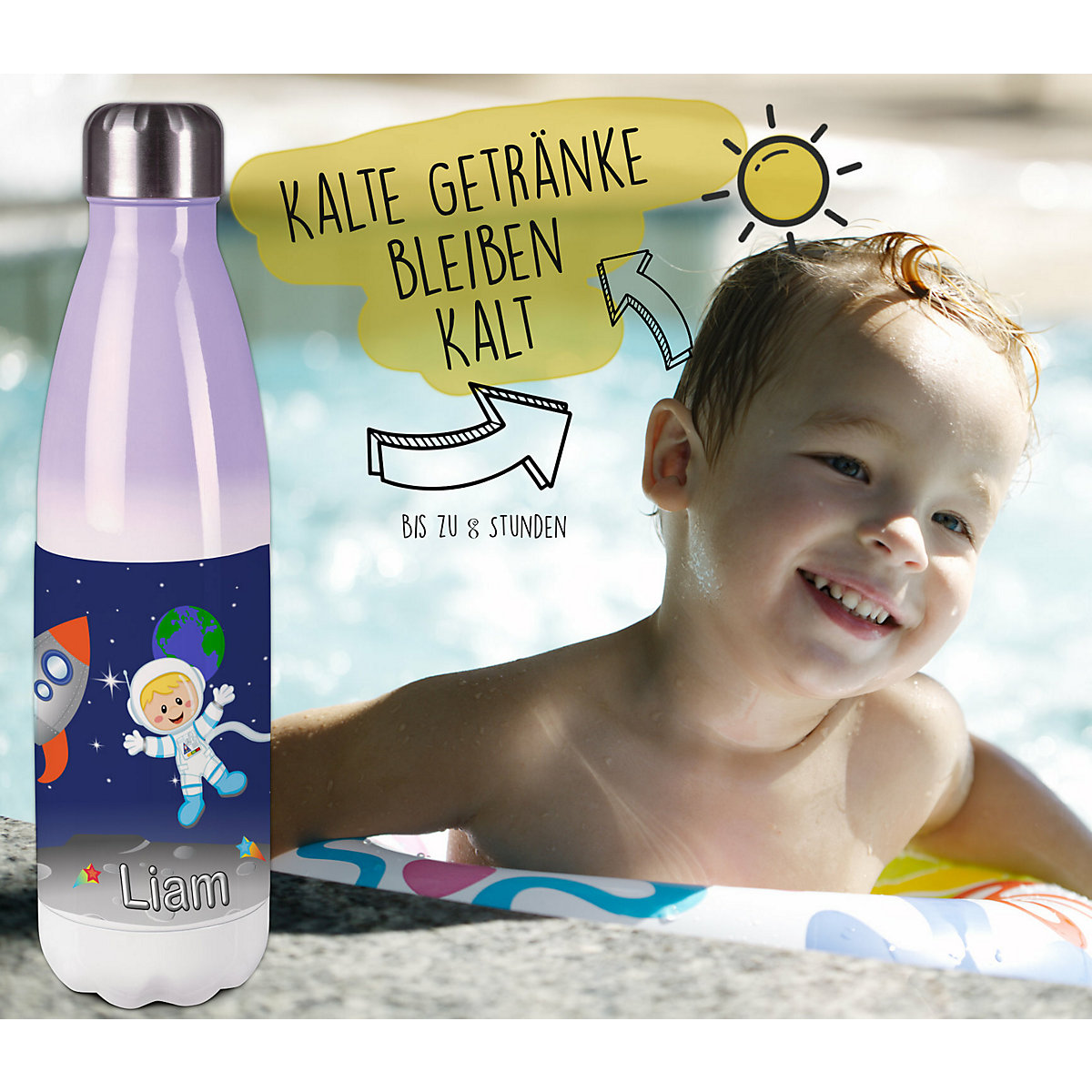 Edelstahl Kinder Thermoflasche / Trinkflasche bunt Weltall Spülmaschinenfest, Auslaufsicher, Bruchfest, Doppelwandig, Für Heißgetränke geeignet, Mit Deckel, Isoliert