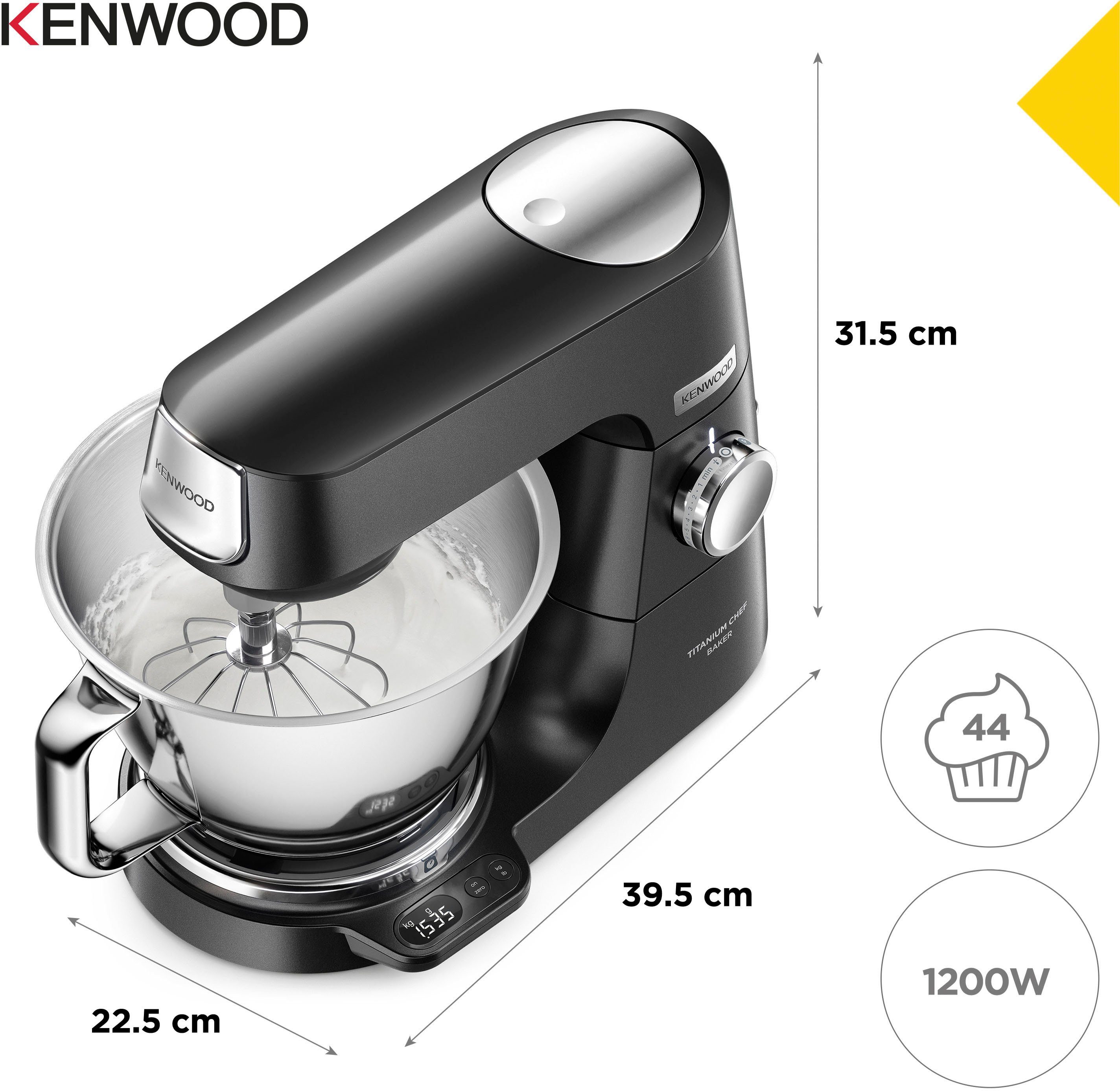 KENWOOD Küchenmaschine Titanium Chef Baker KVC85.004BK, 1200 W, 5 l Schüssel, Zubehör, Gratis Wert: UVP 319,- Gratis Mixaufsatz + Schnitzelwerk