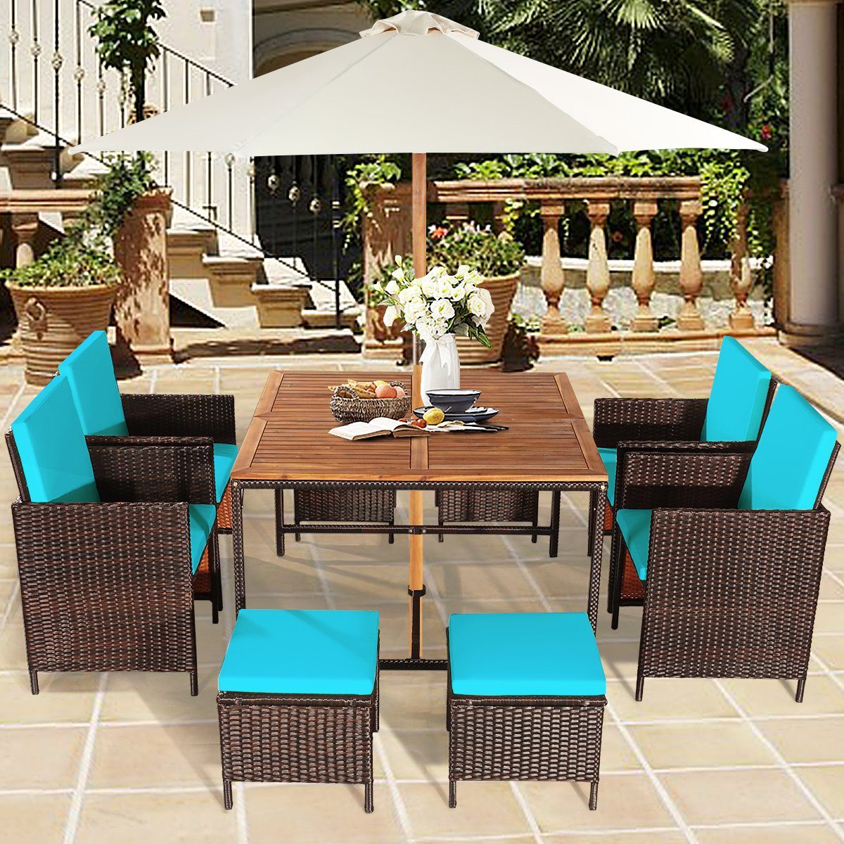 COSTWAY Garten-Essgruppe, (9-tlg), Rattan, 8 Personen, mit Schrimloch&Kissen