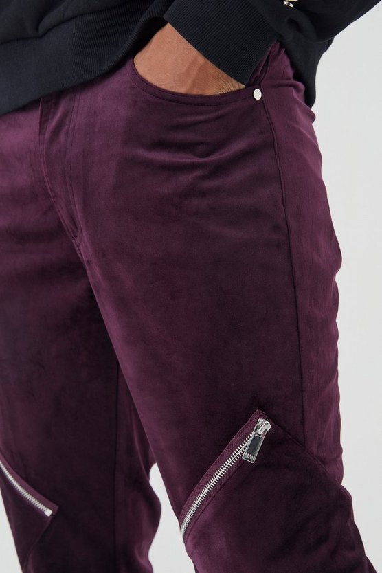 Slim-Fit Velour Cargo-Schlaghose mit Reißverschluss