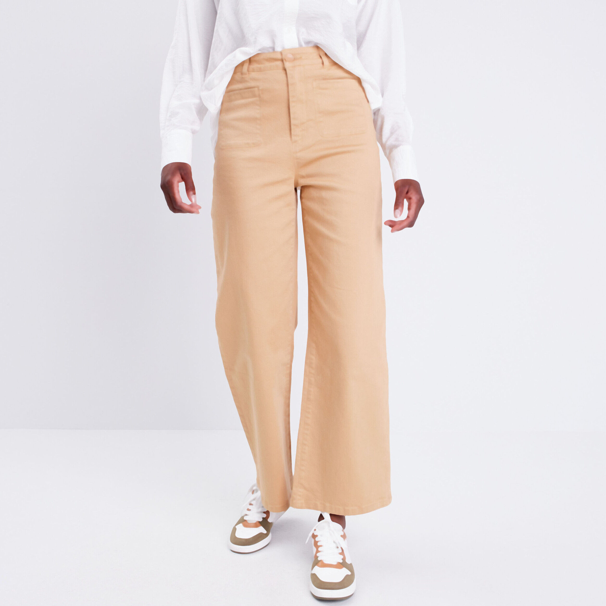 Pantalon large taille haute marron clair femme | Cache Cache
