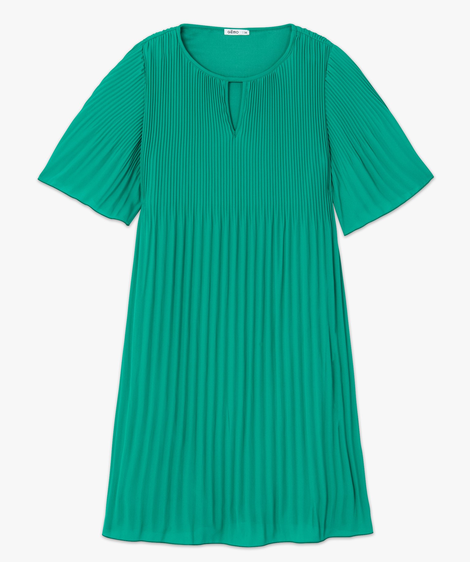 Robe femme en voile plissé à manches courtes vert | GEMO