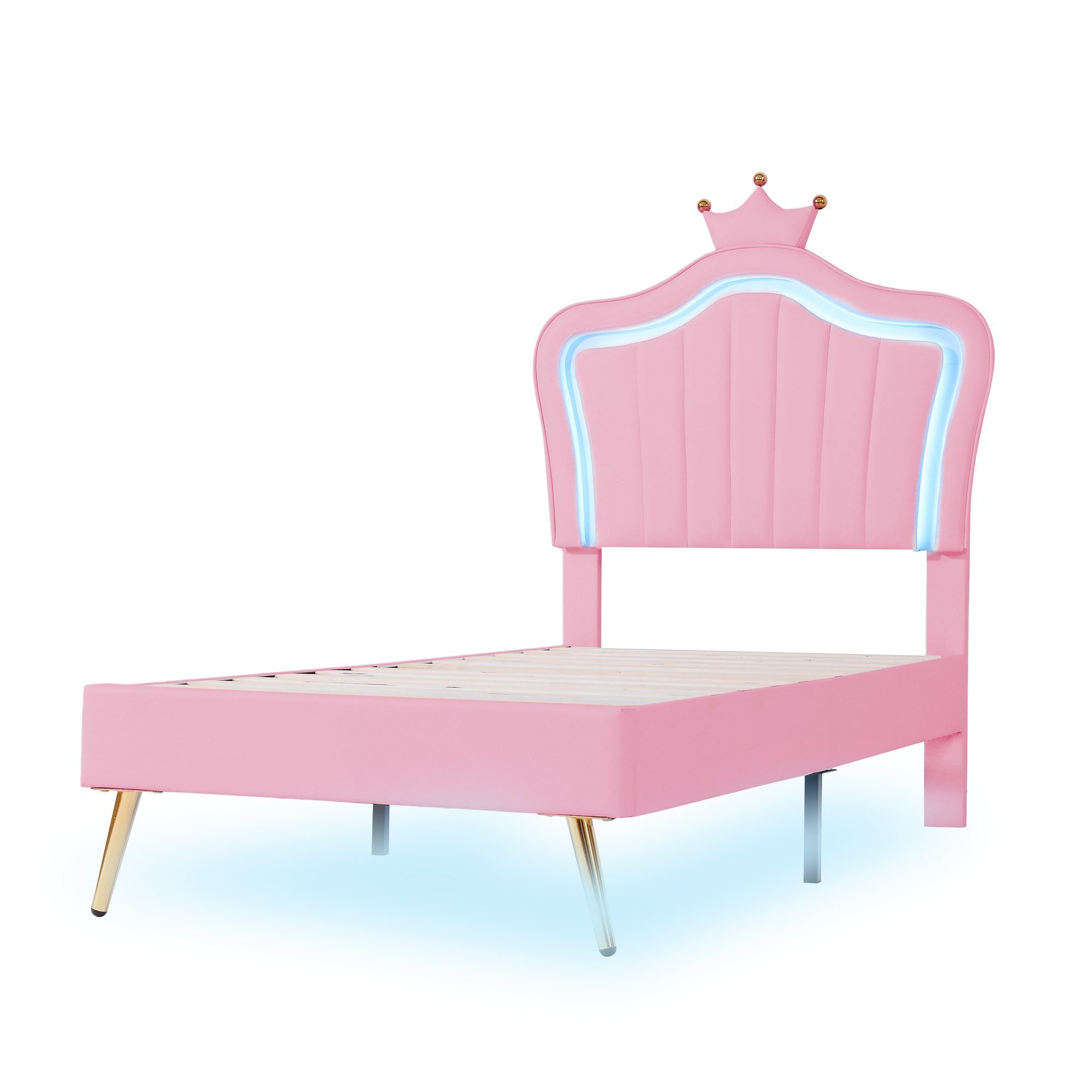 Flieks Polsterbett, LED Beleuchtung Krone Kunstleder Kinderbett 90x200cm rosa