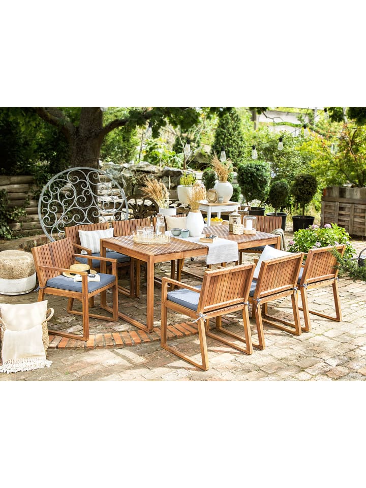 Beliani 9-tlg Gartentisch Set SASSARI in Heller Holzfarbton/Blau günstig kaufen onesize