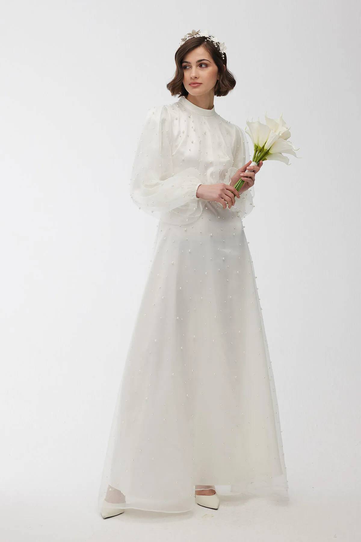 Manuka  Abendkleid mit Tüll und Perlendetails Ecru