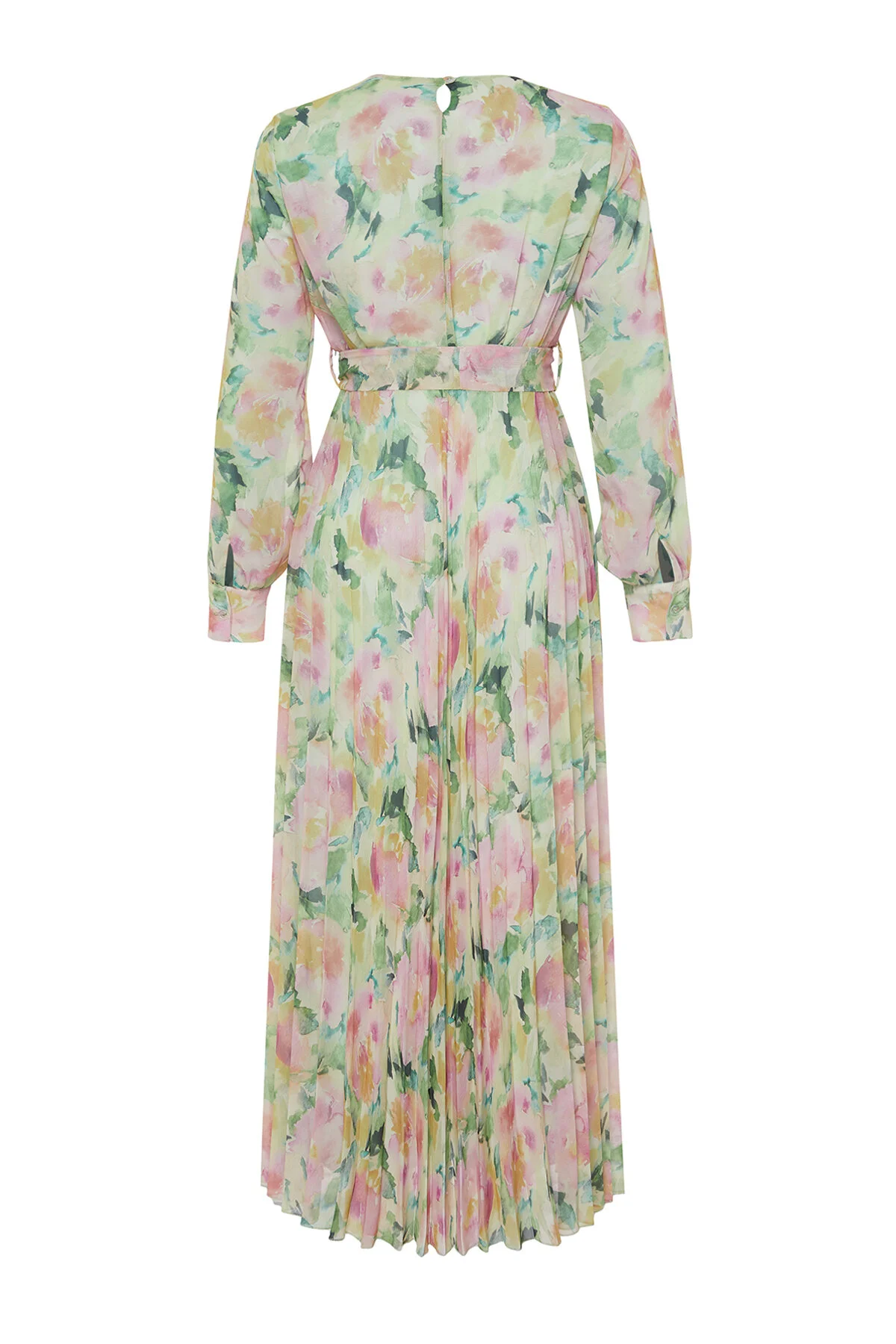 Trendyol Modest  Hellgrünes Kleid aus gewebtem Chiffon mit Blumenmuster und gefüttertem, plissiertem Saum TCTSS24EB00151