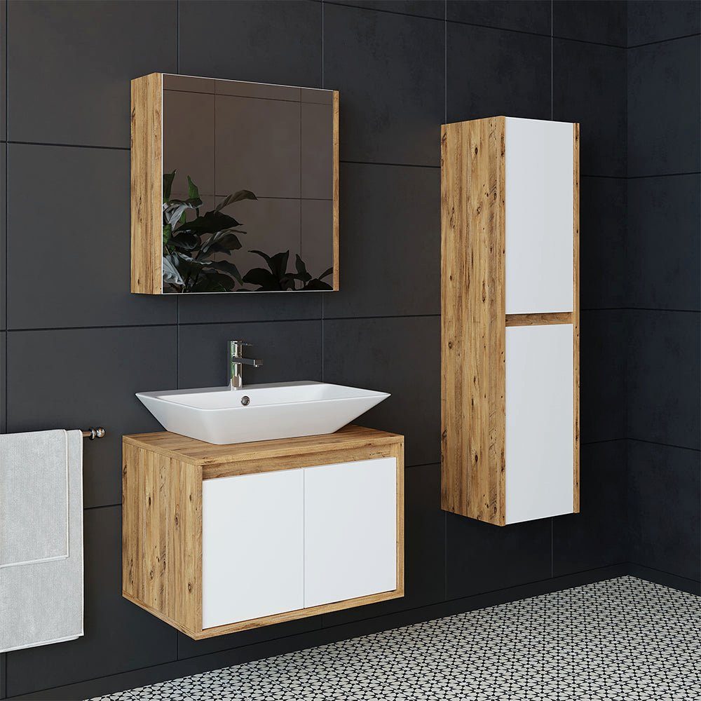 Roomart Badmöbel-Set, (Badmöbel Set 65cm Unterschrank Waschbecken Spiegelscrank Hochschrank)