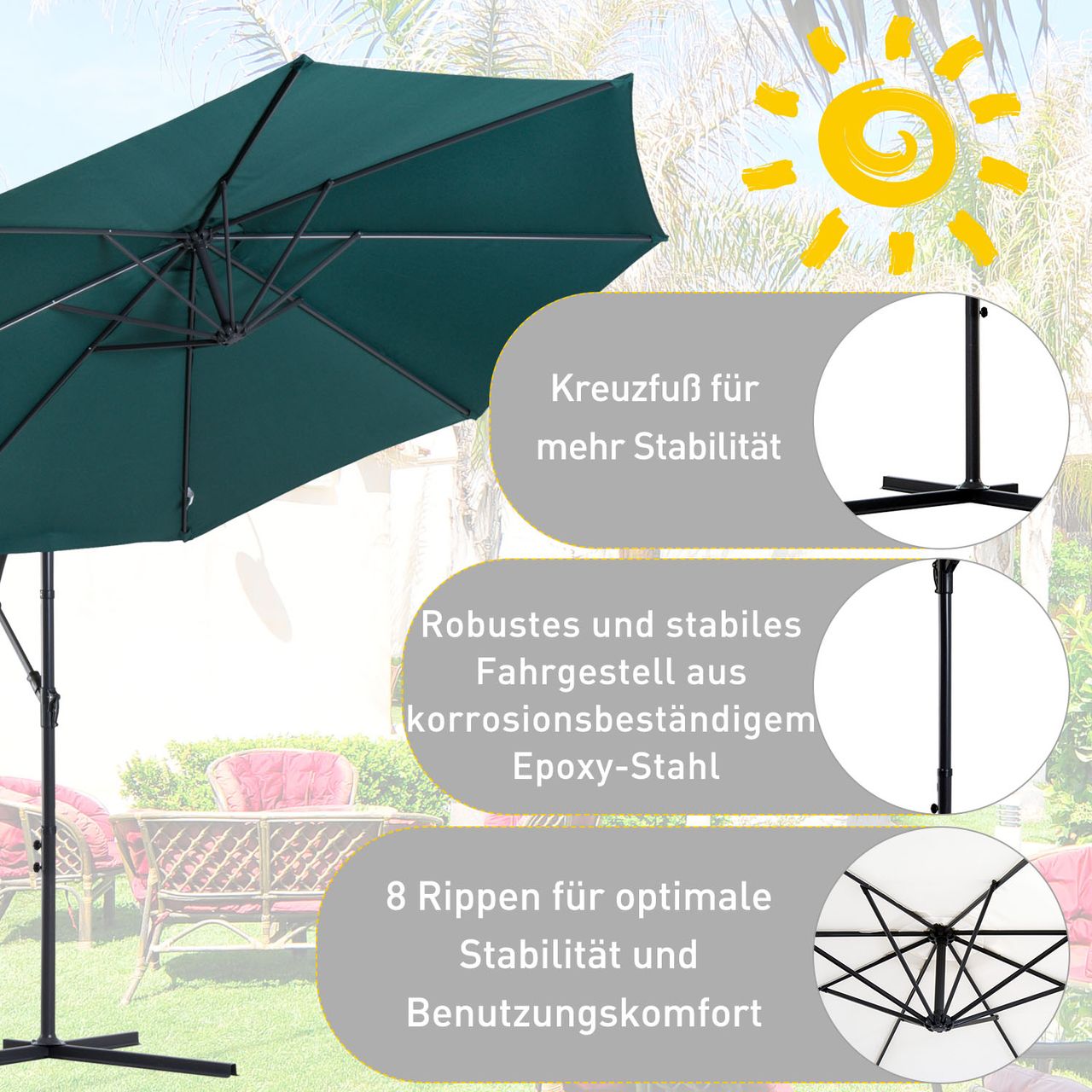 Outsunny Sonnenschirm Ampelschirm Kurbelschirm mit Handkurbel Rund, Stahlbogenstäbe und Stahl-Stehstäbe, Polyestergewebe, Grün, Ø3 x 2,5H m