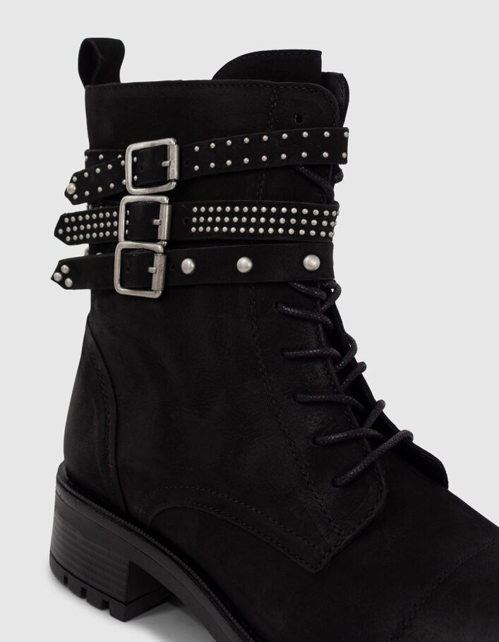 Boots à lacet noirs cuir à brides cloutées Femme